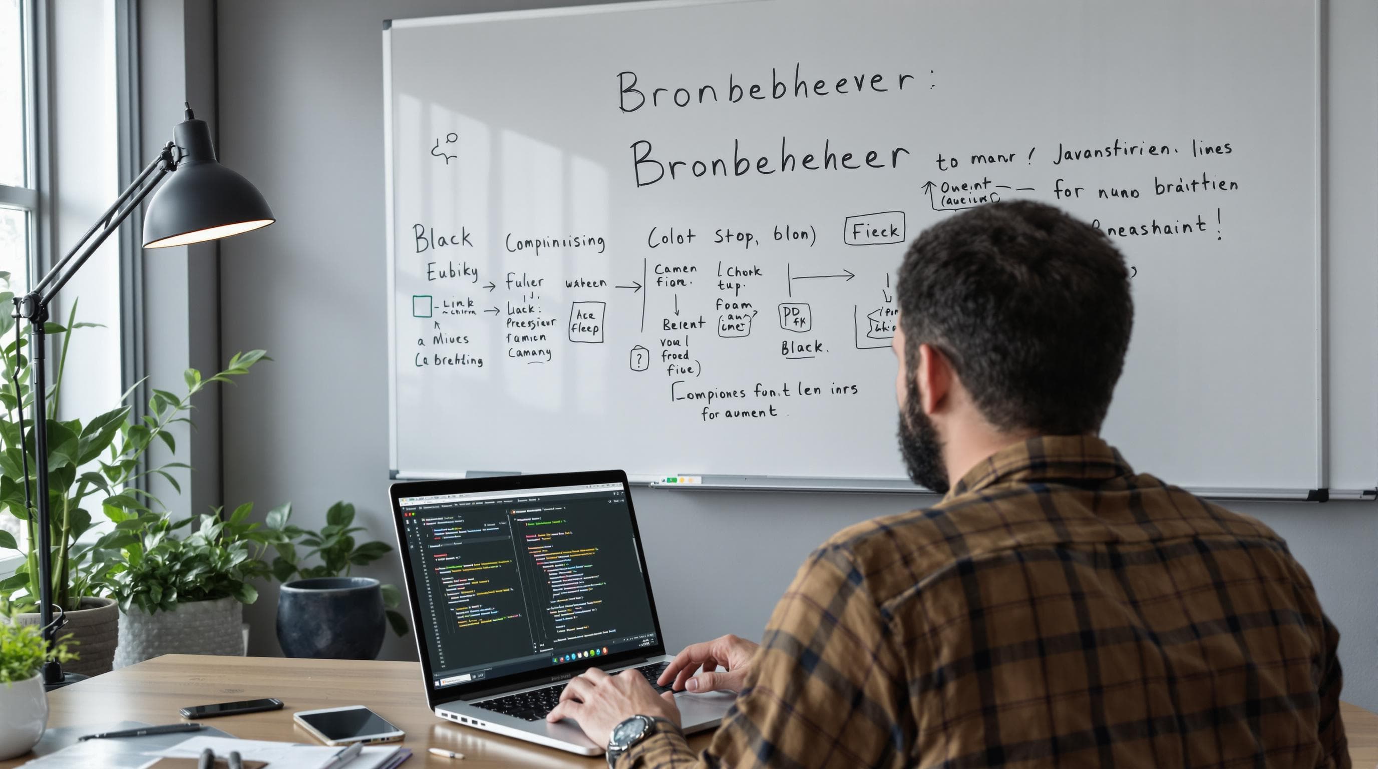 Twee IT-specialisten werken samen aan JavaScript optimalisatie, whiteboard toont Bronbeheer