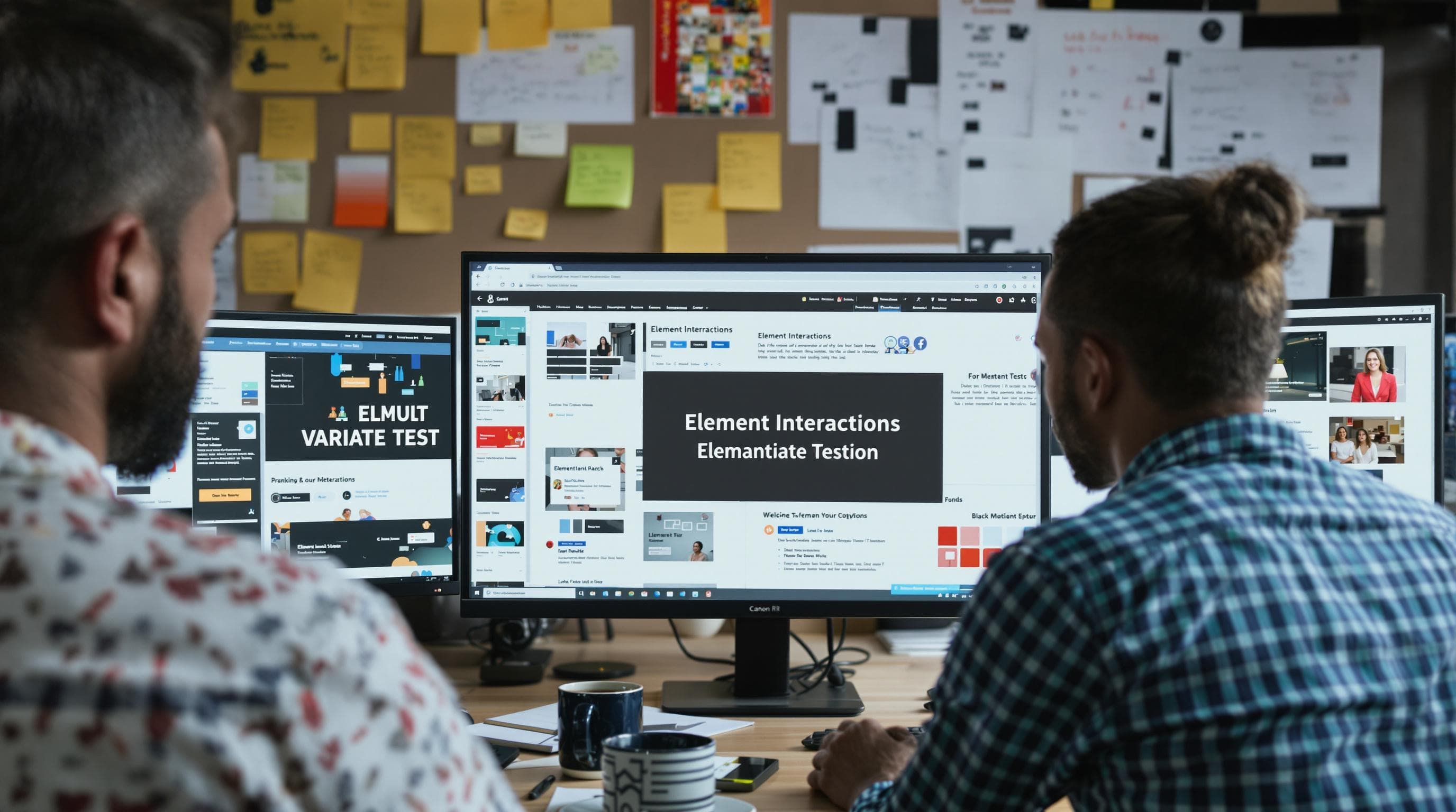 UX designers analyze website variants; 'Element Interactions' shown on laptop screen