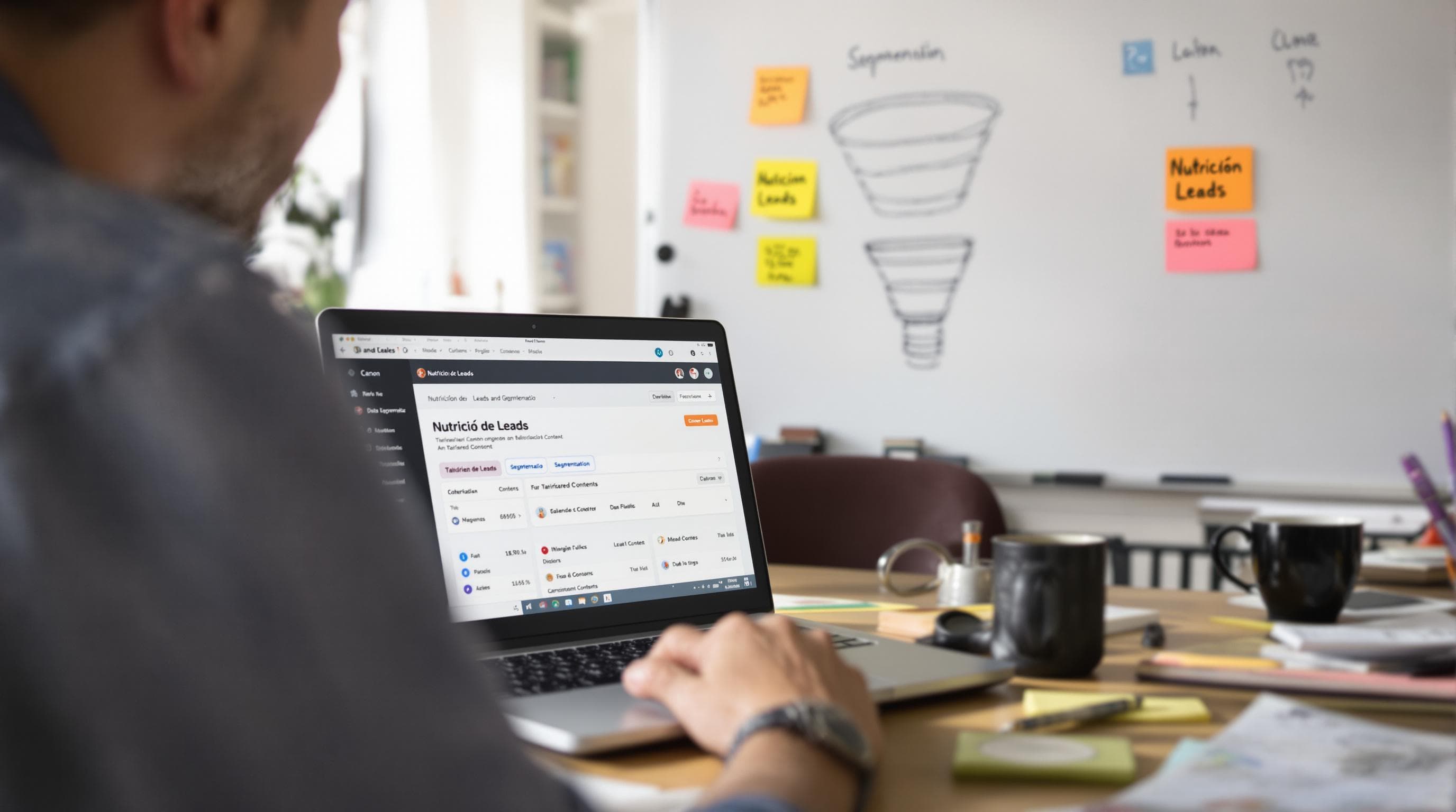 Marketer reviewing segmented leads and MOFU strategies at desk