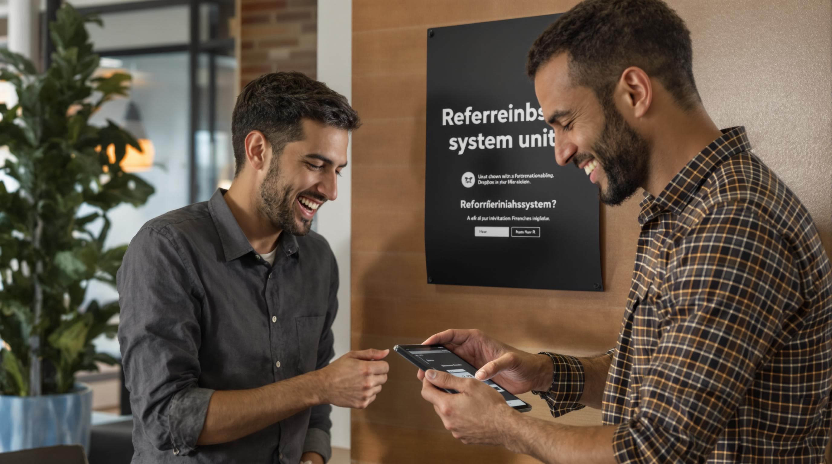 Colleagues review a digital referral system on a tablet in casual workspace