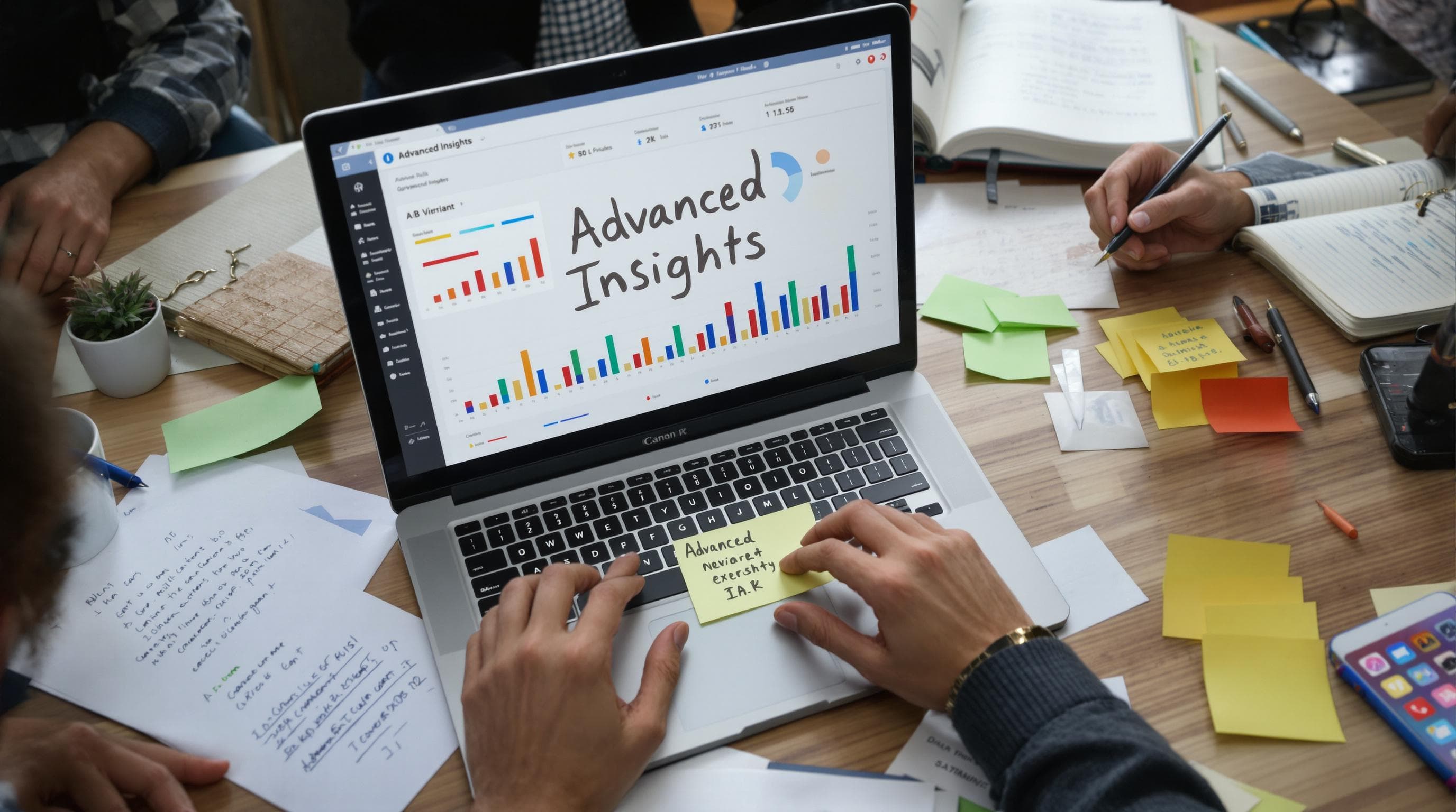Marketers analyzing multi-variant A/B test results and insights together