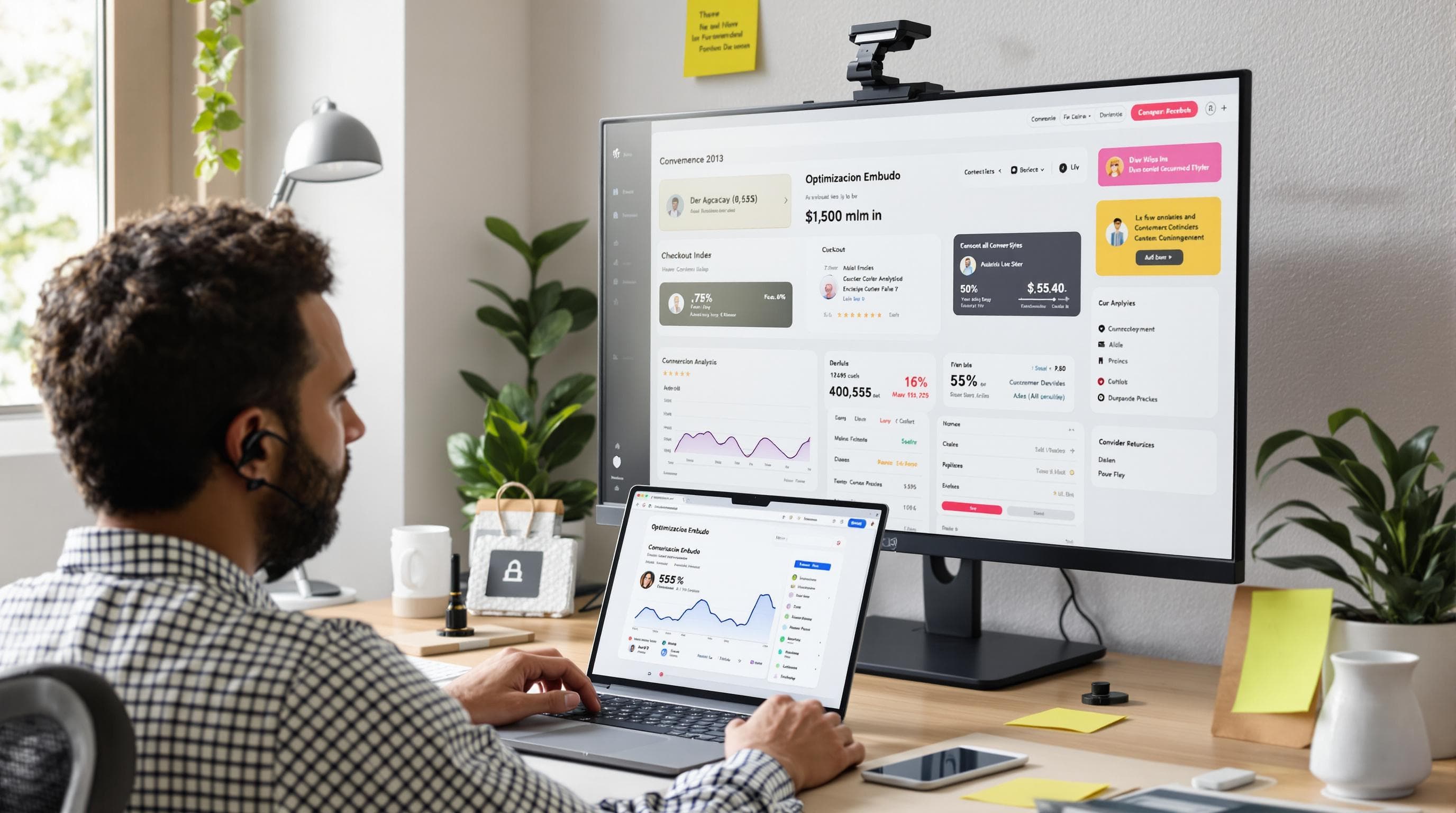 Ecommerce marketing expert analyzes funnel optimization at workstation