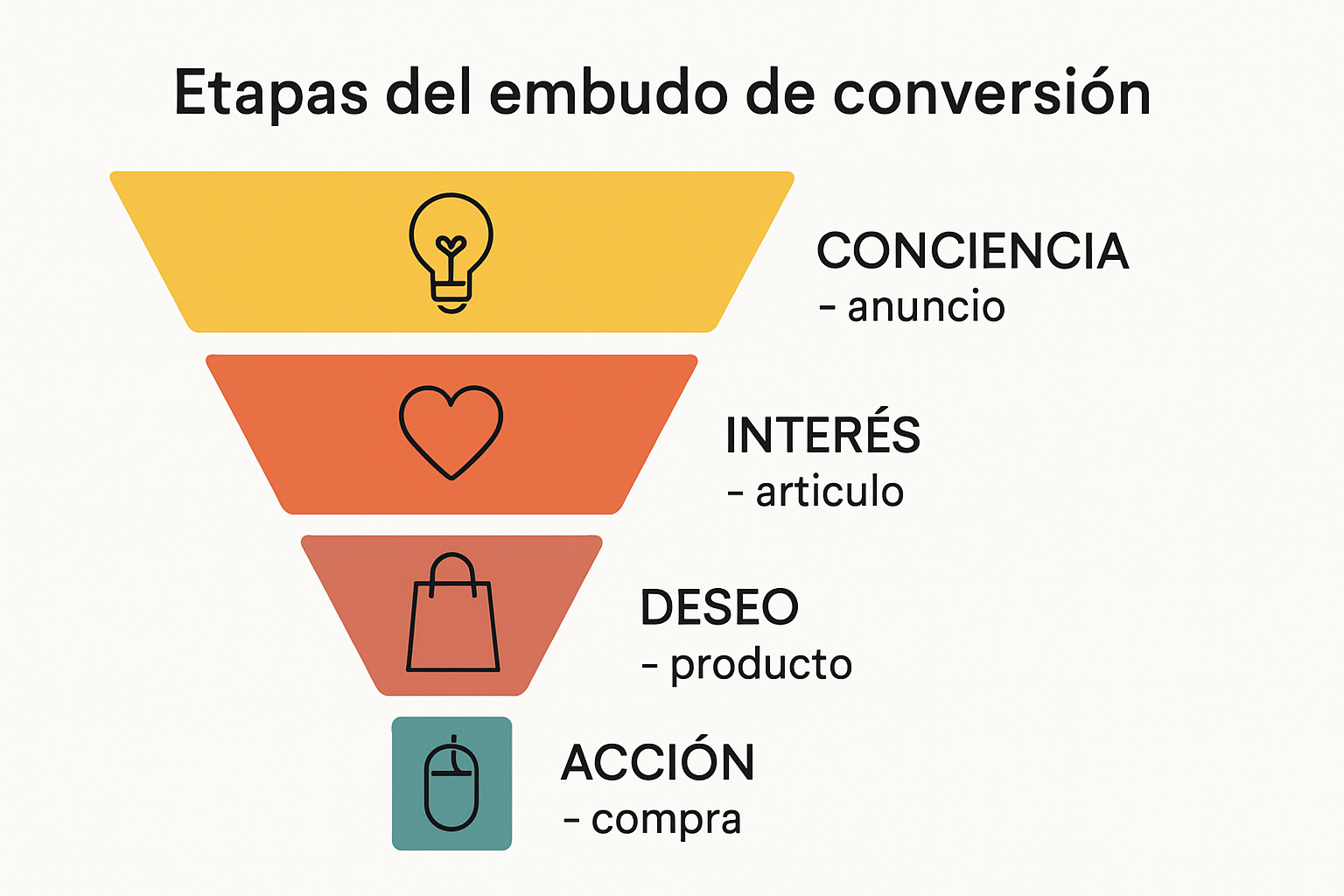 Infografía con etapas de un funnel de conversión.