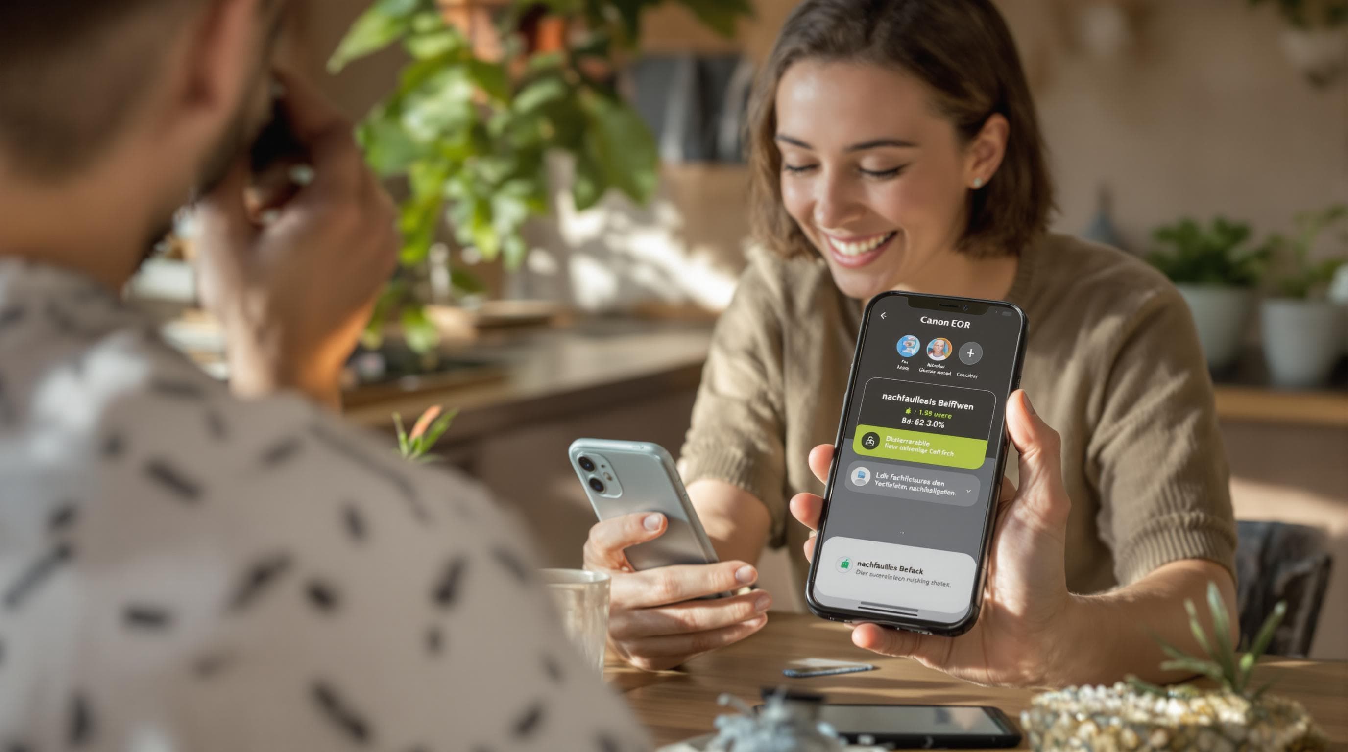 Person on phone sees game rewards for sustainable shopping labeled 'nachhaltiges Verhalten'