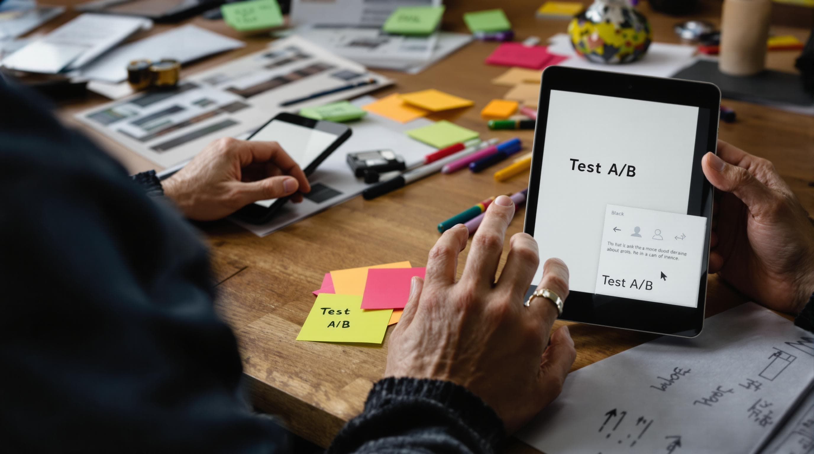 UX designer testing app text and interface variations with Test A/B note