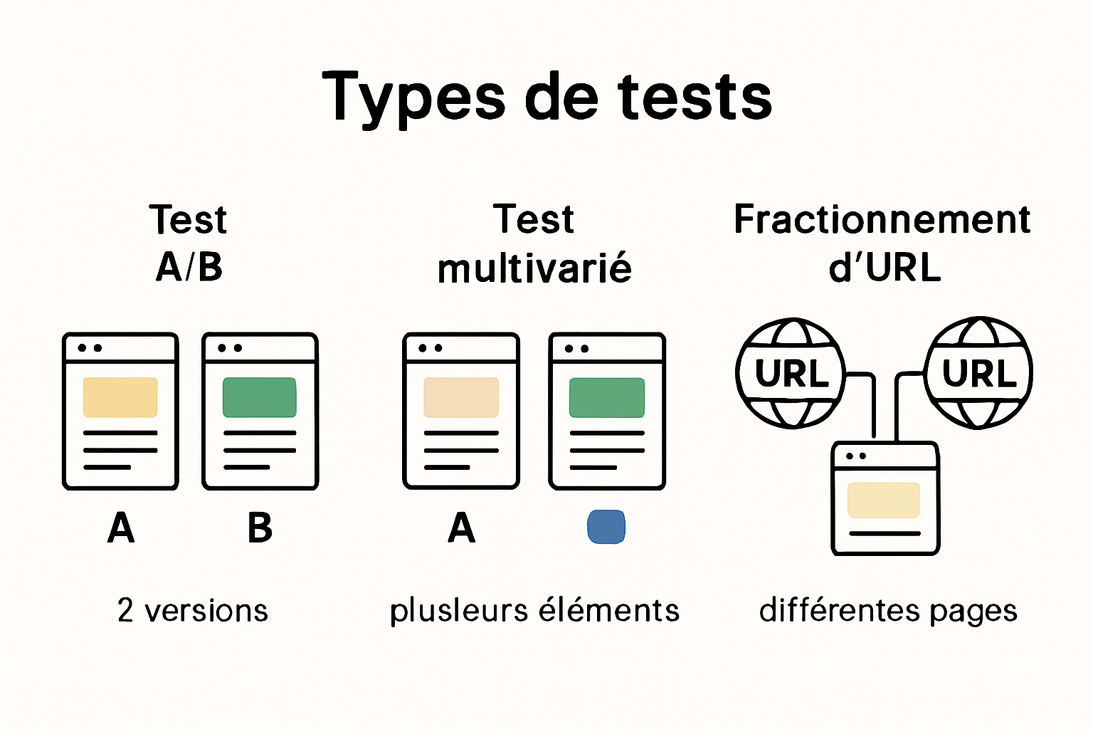 Infographie présentant les différents types de tests de variantes pour l'optimisation de conversion