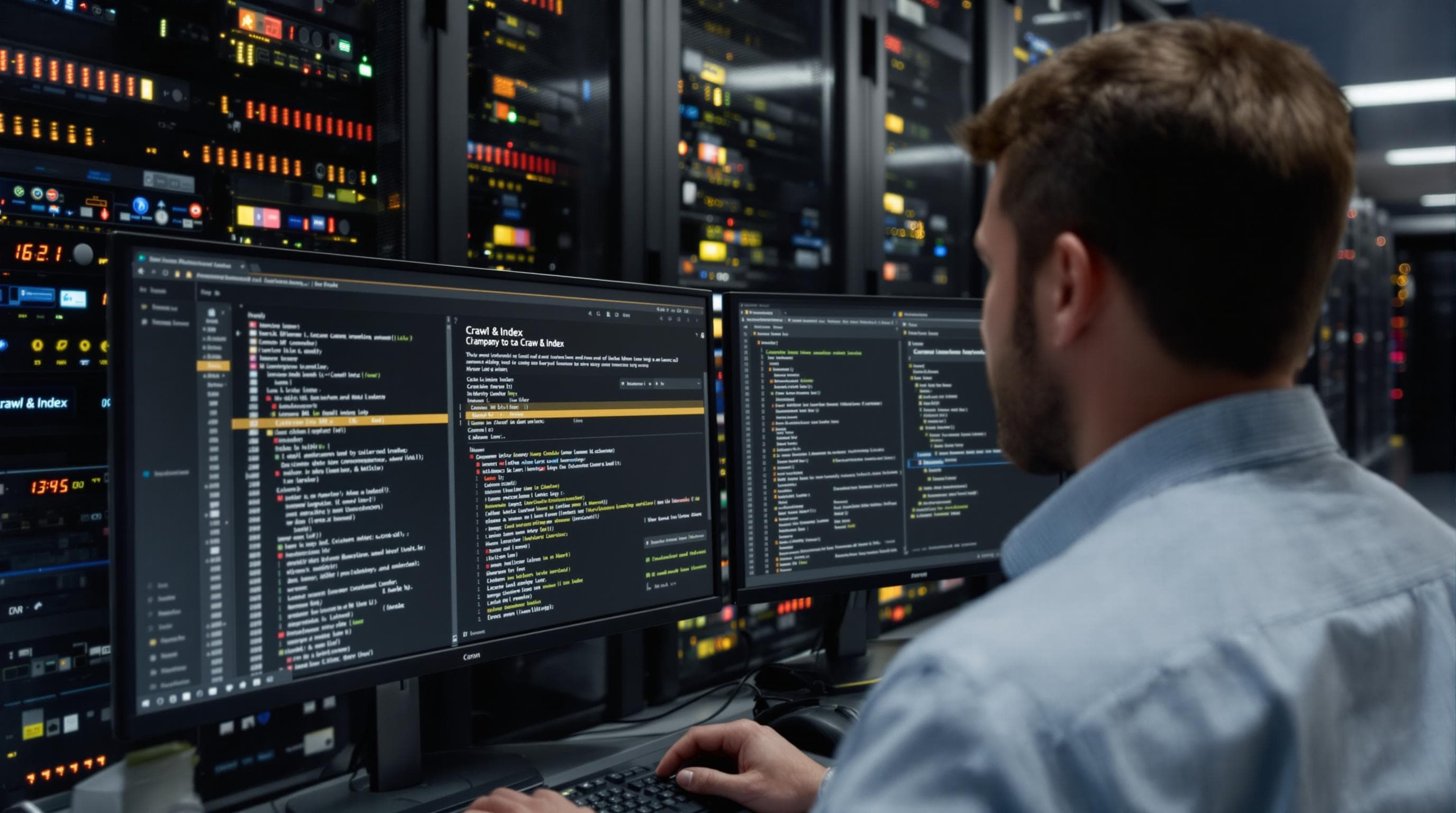 Technical specialist monitors website crawl and server indexing in IT room