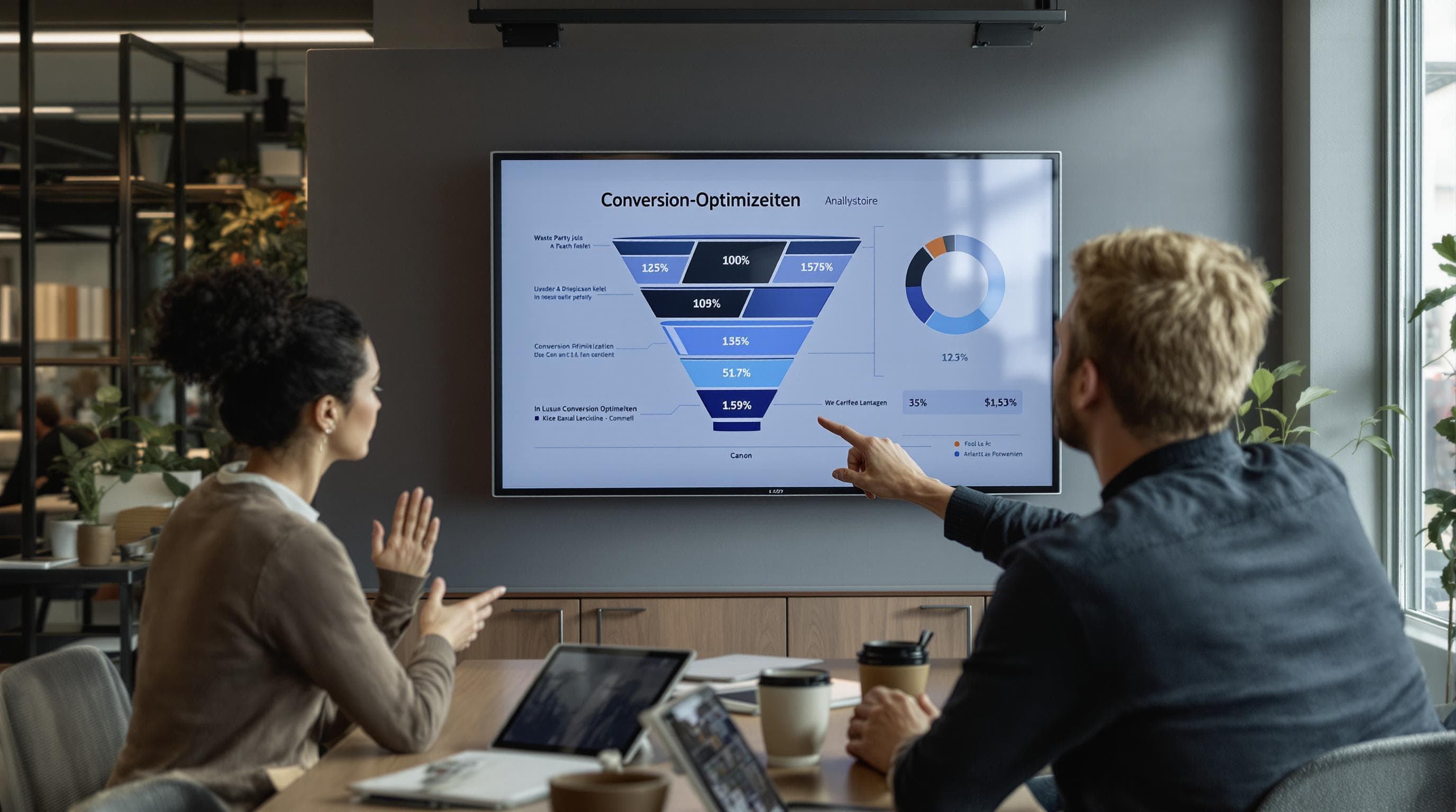 Team discusses conversion funnel KPI analytics in bright office meeting