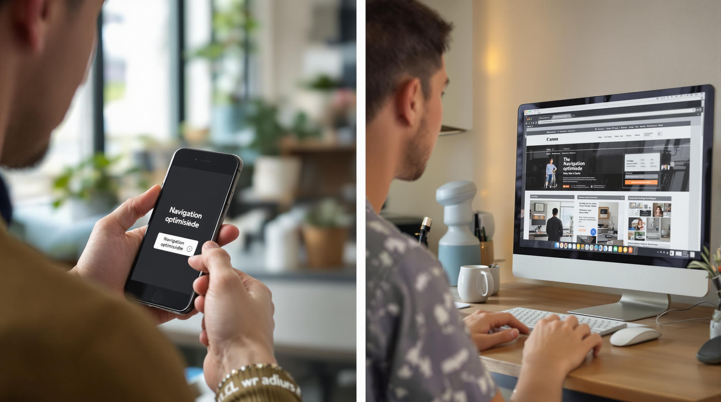 User tests website on smartphone and another on desktop, both adapting interface