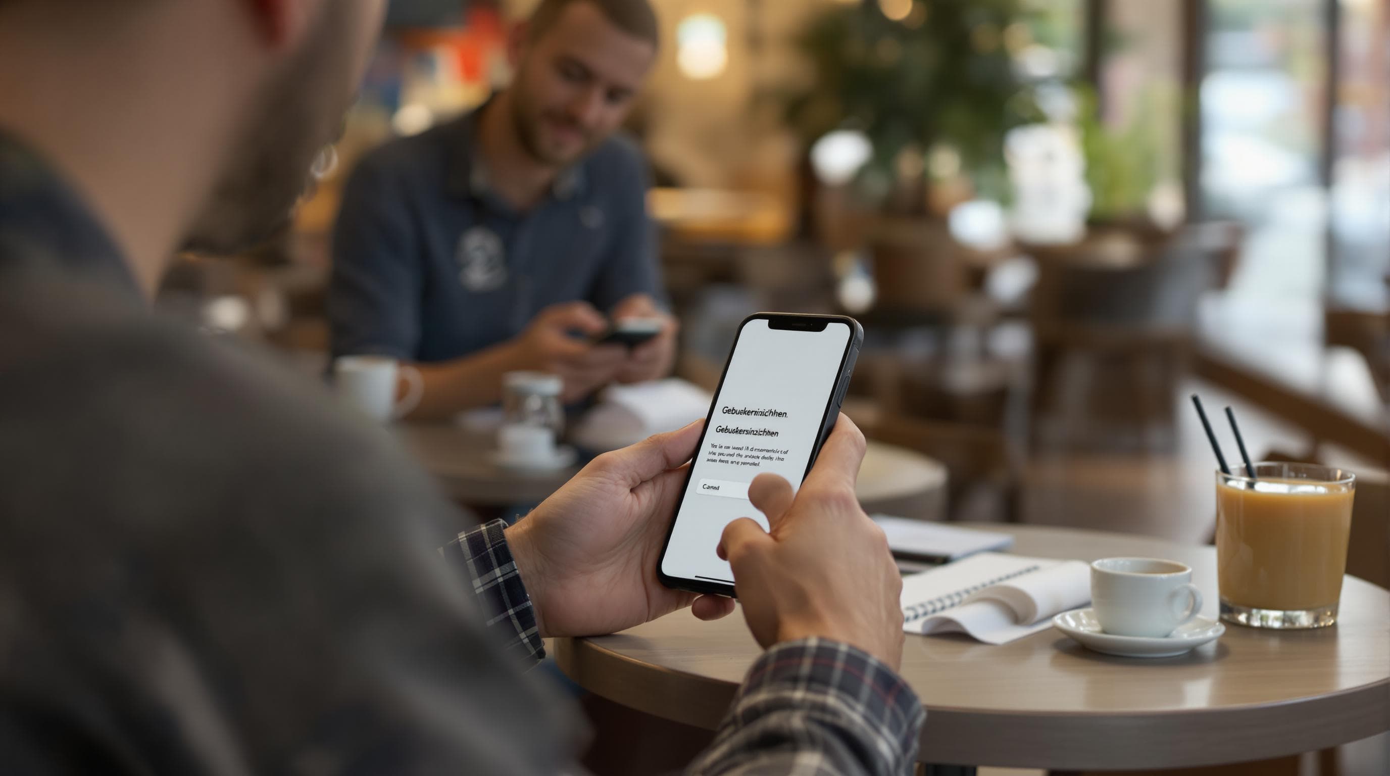 User testing a mobile prototype in café with 'Gebruikersinzichten' on phone screen