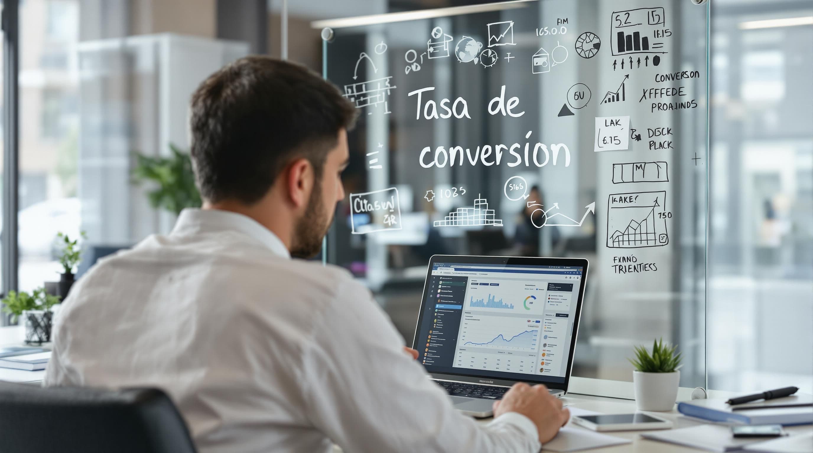 Analyst examines digital conversion rate metrics in bright office