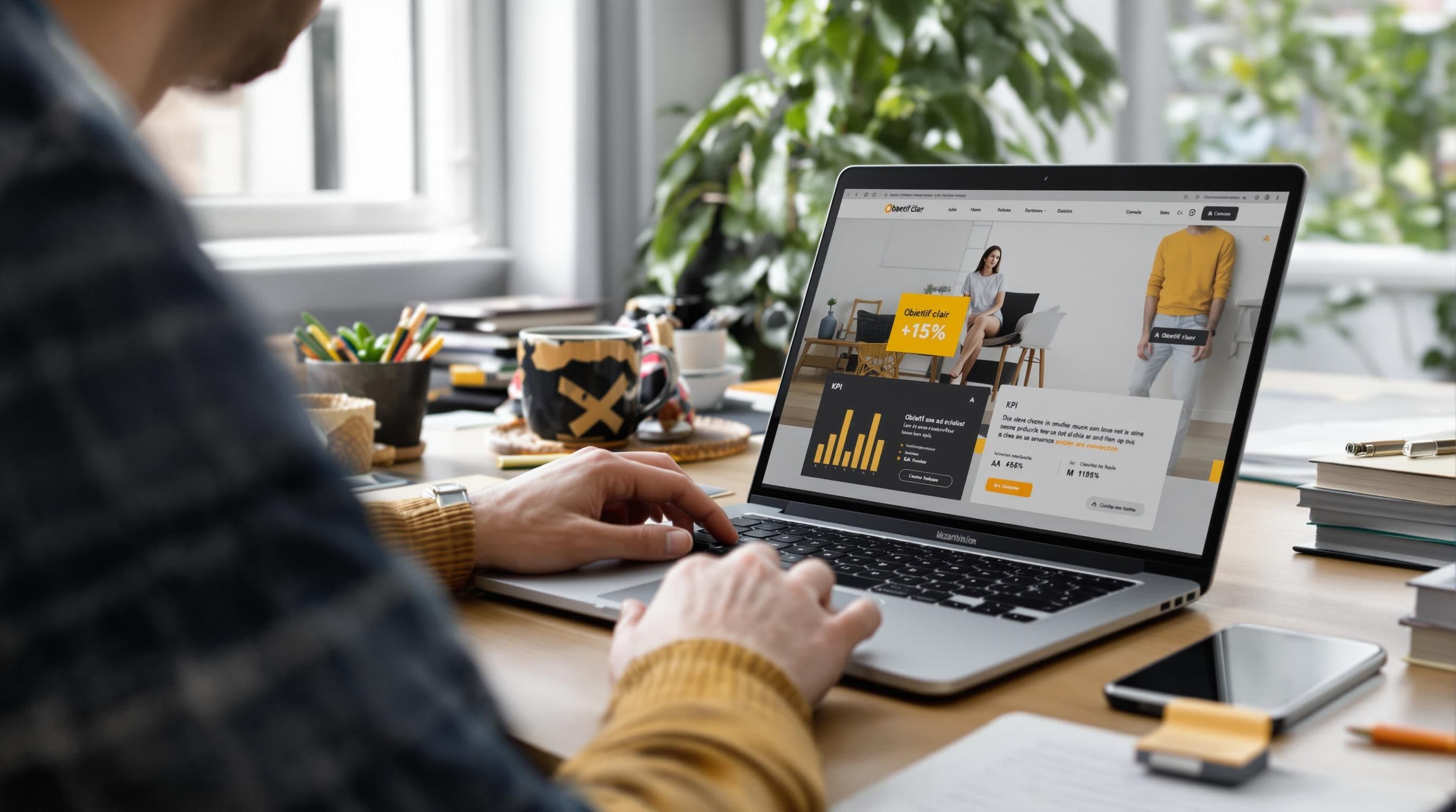 E-commerce manager configuring A/B tests with 'Objectif clair' on laptop