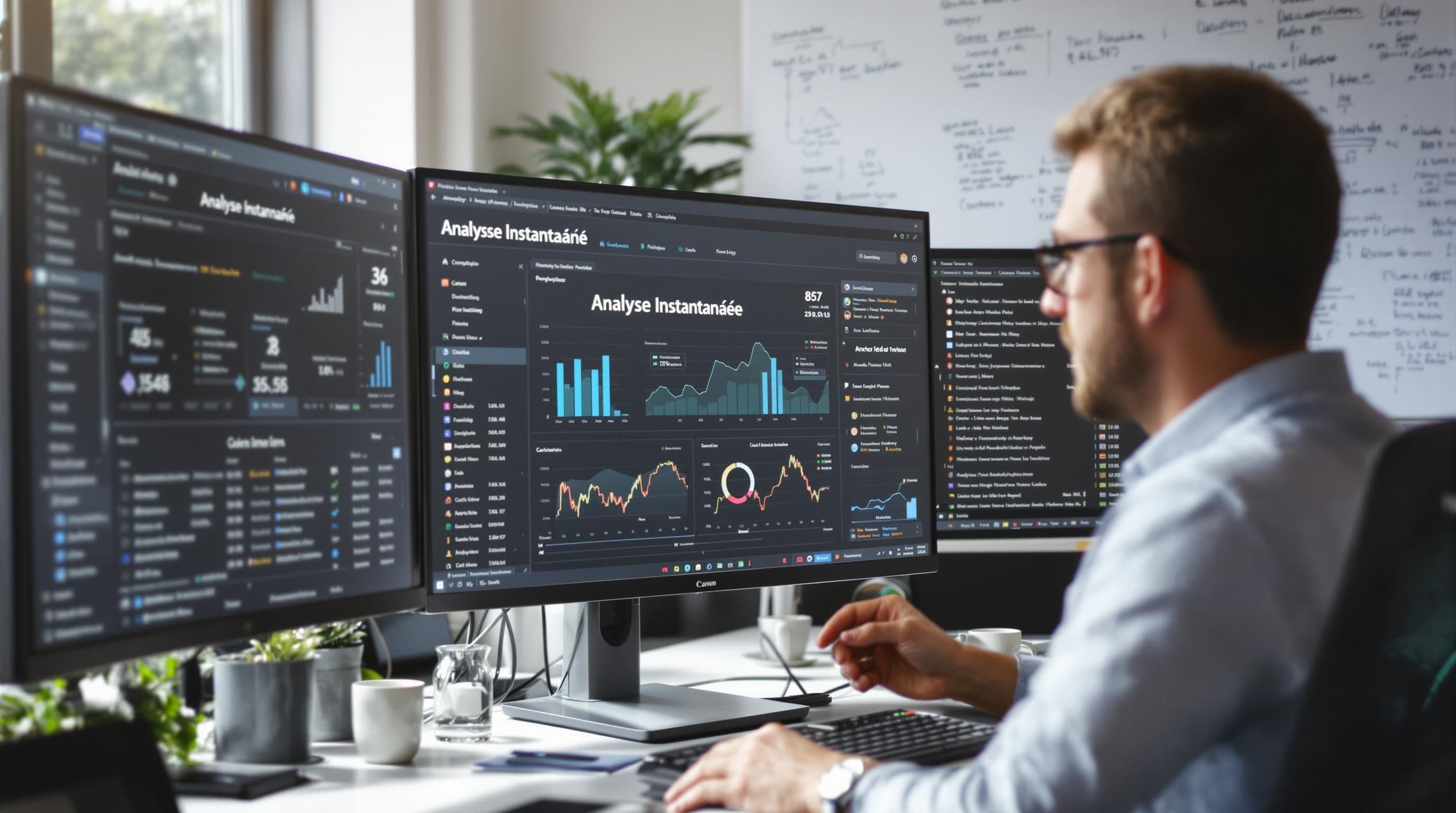 Manager reviews live analytics dashboard with 'Analyse Instantanée' label