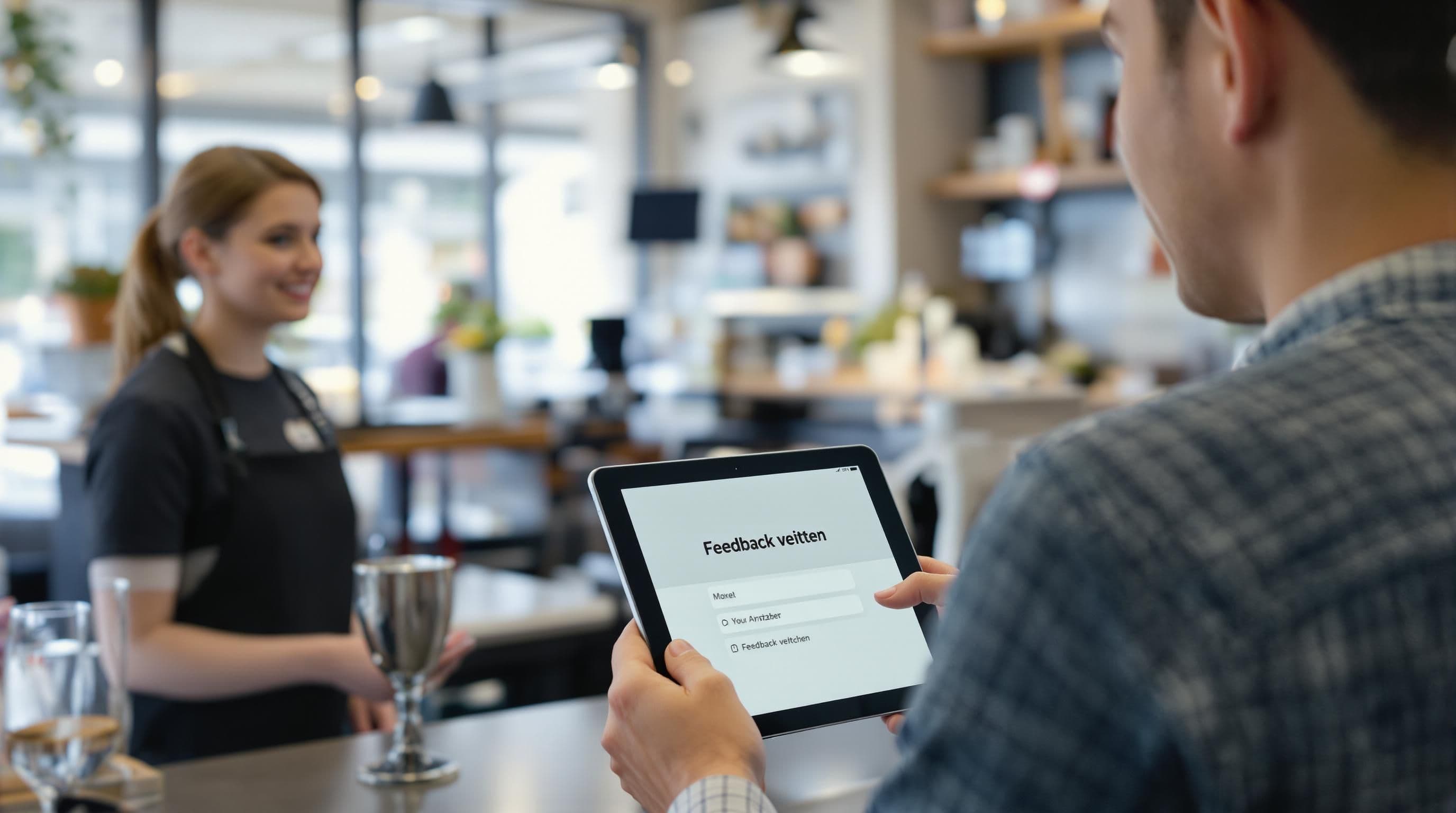 Customer giving feedback on tablet in retail store with staff nearby