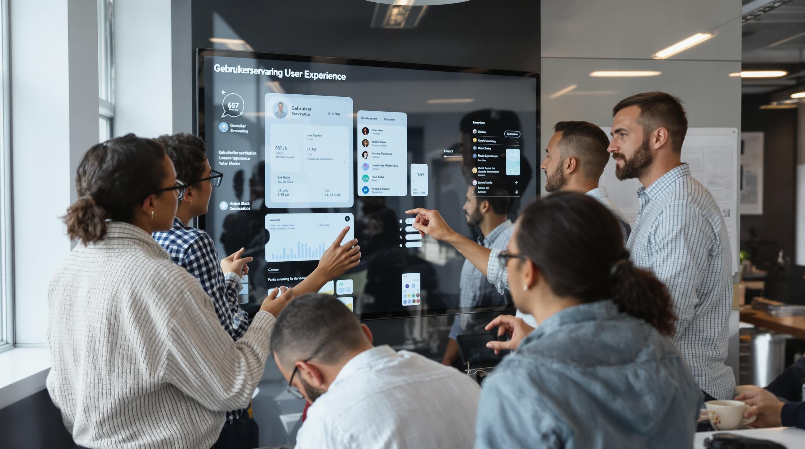 CRO team collaborates on user experience tweaks at touchscreen