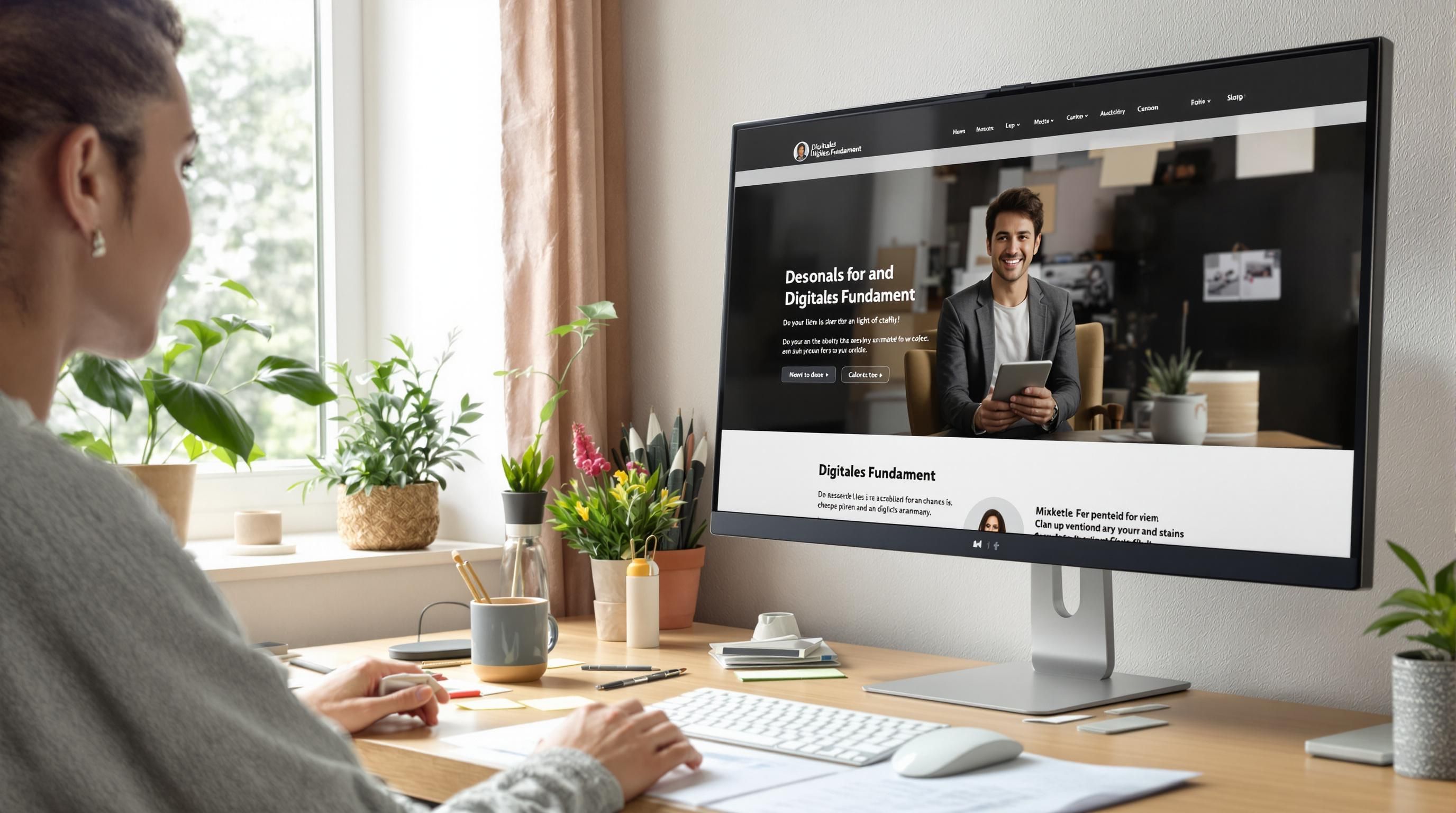 Marketer creates professional website at modern desk; screen says Digitales Fundament