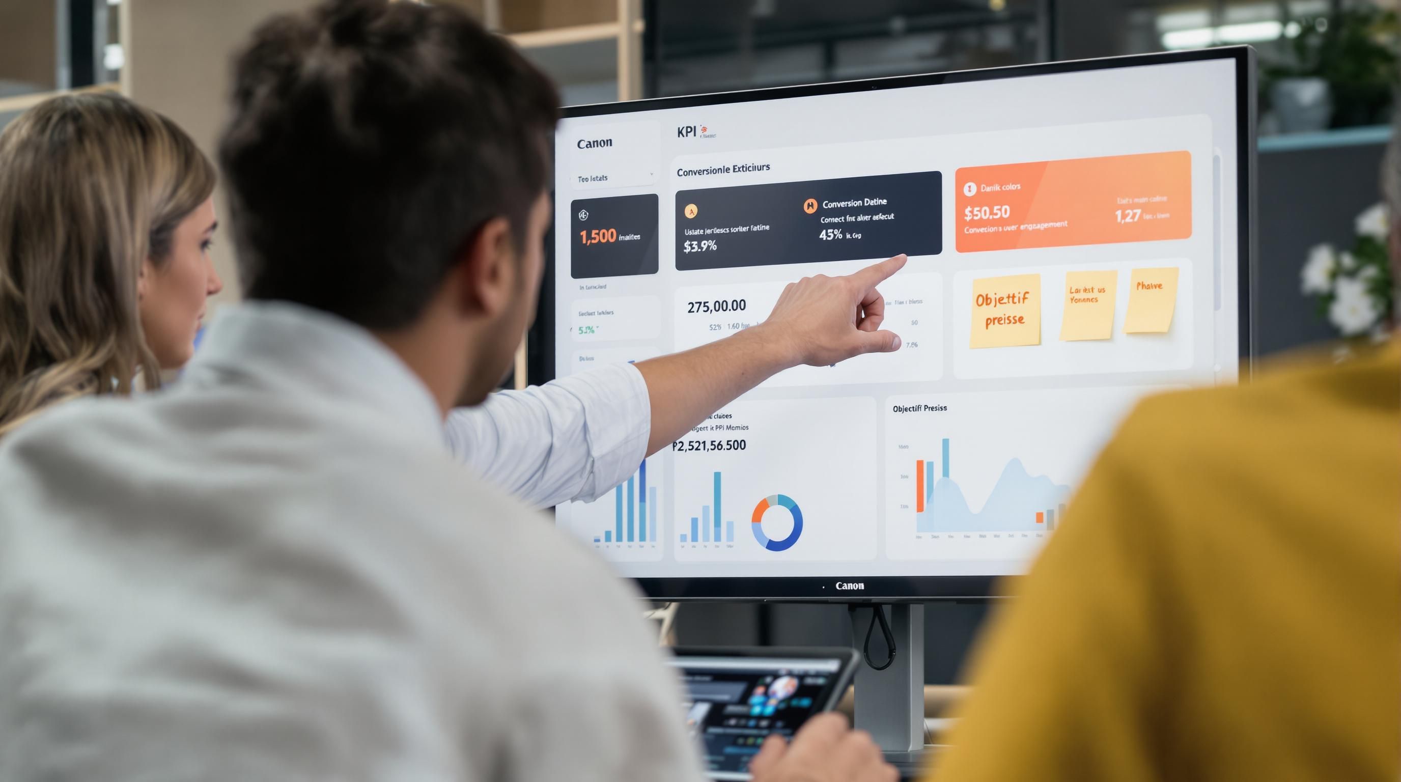 Team reviews SaaS dashboard setting precise measurable objectives