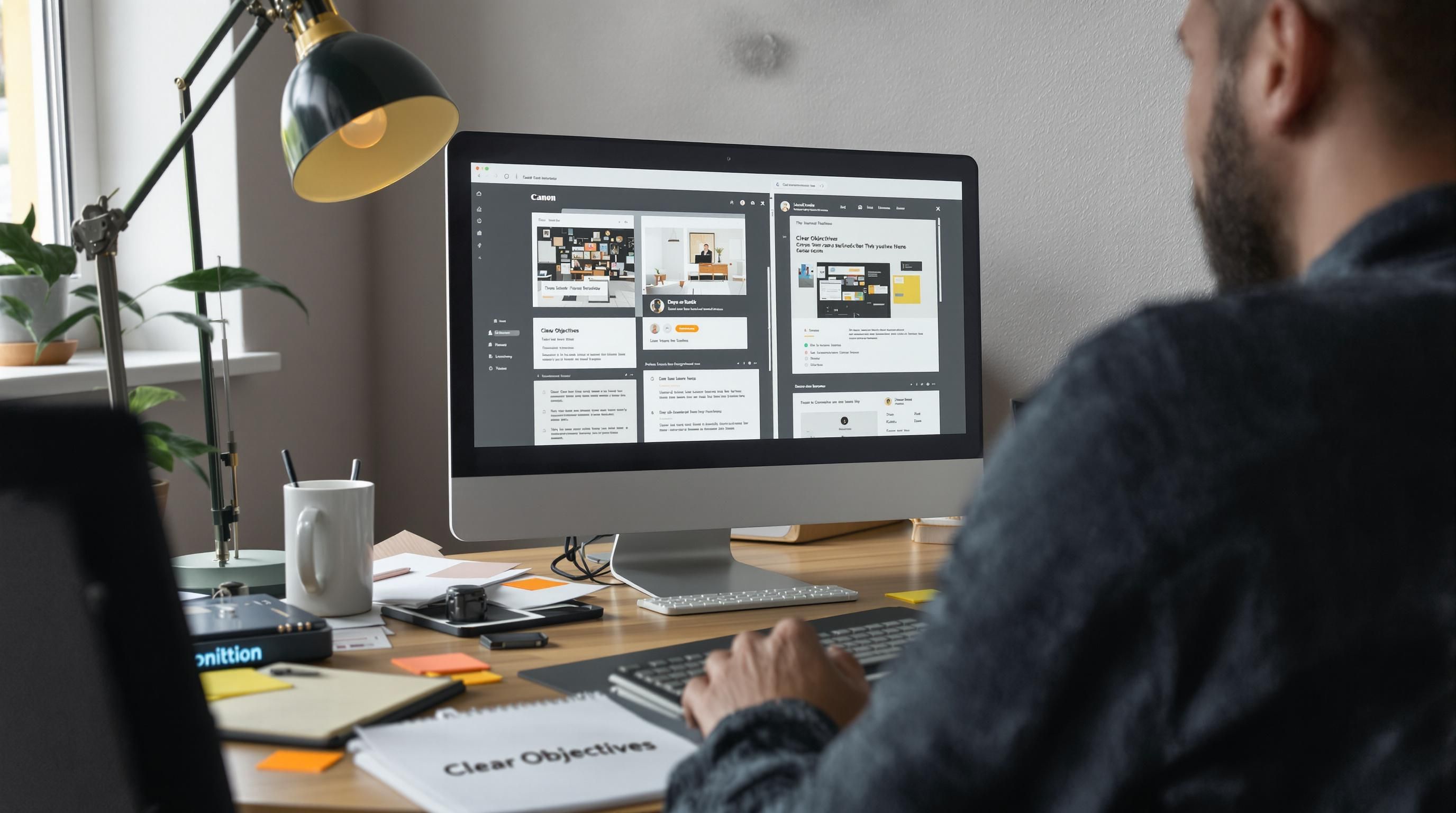 Marketer reviewing A/B test webpage versions with 'Clear Objectives' notepad