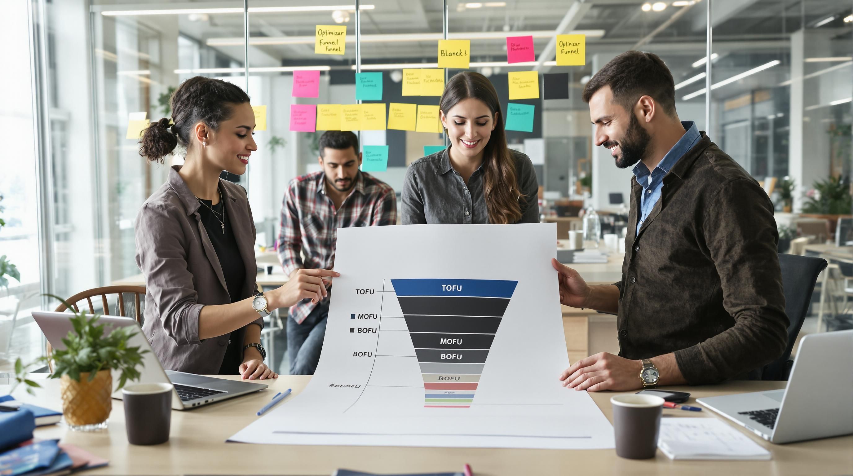 Professionals analyzing TOFU, MOFU, BOFU funnel stages printout in office