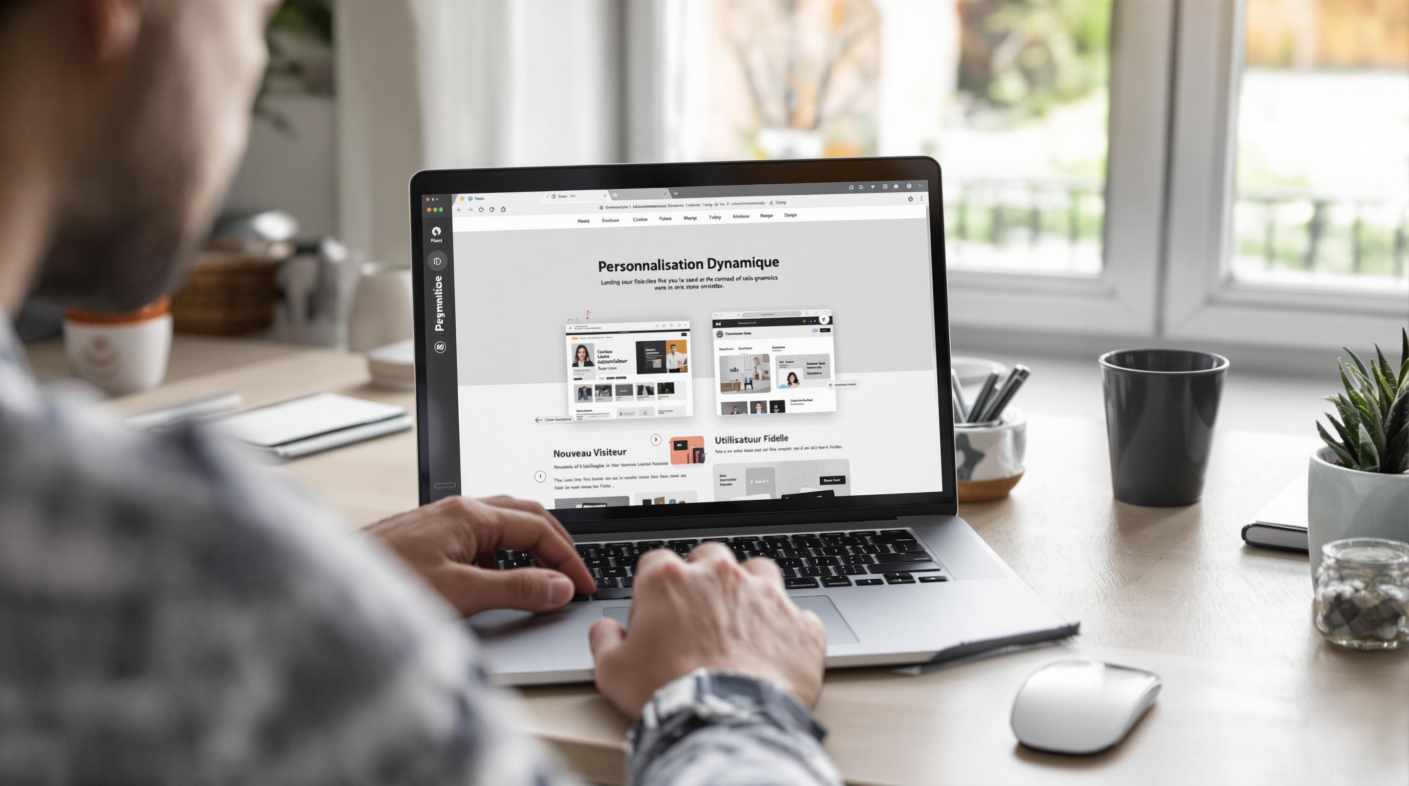 Marketer customizes landing page content for different users on a laptop, demonstrating dynamic personalization.
