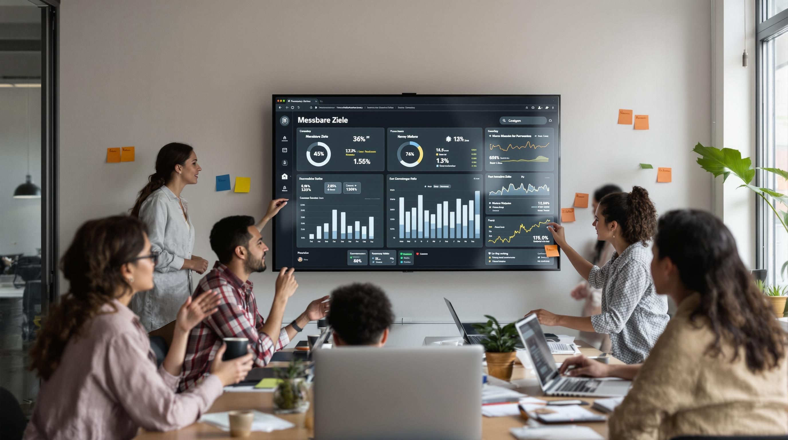 Team collaborates using dashboard with 'Messbare Ziele' in creative office