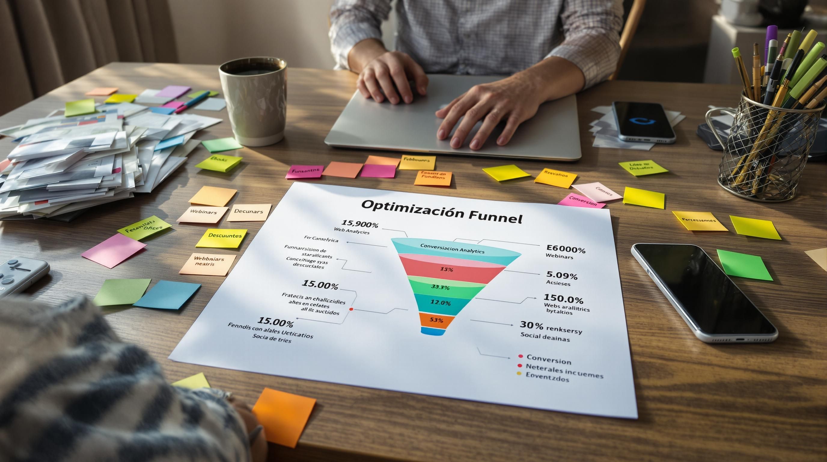 Marketer reviews funnel chart and analytics on busy desk
