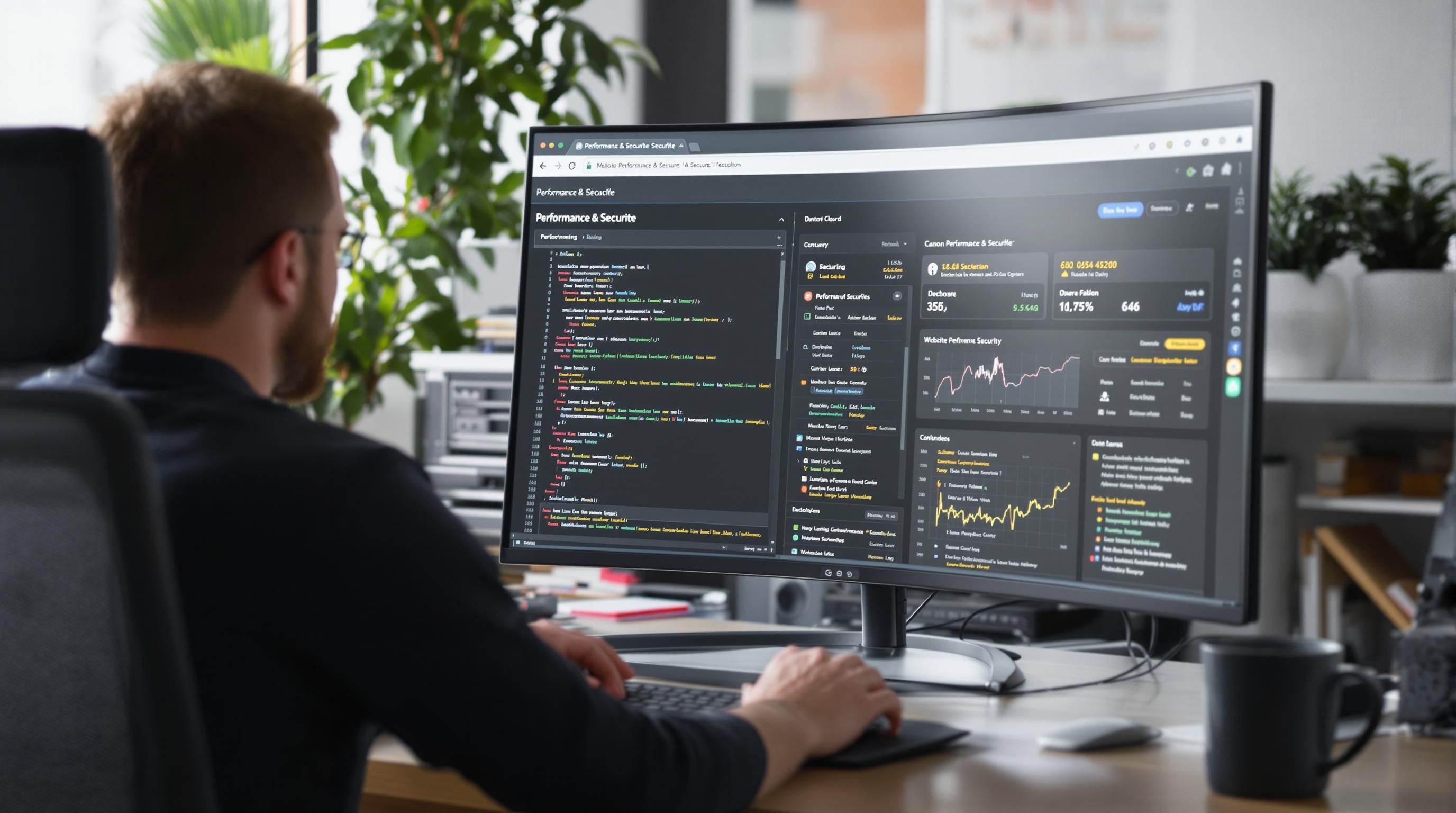 Developer reviewing website performance and security on dashboard and code screen
