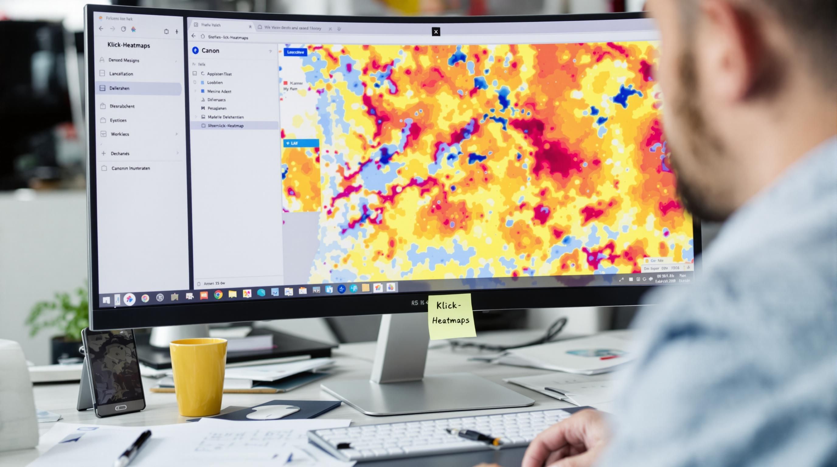 UX designer viewing website heatmap with German label on monitor