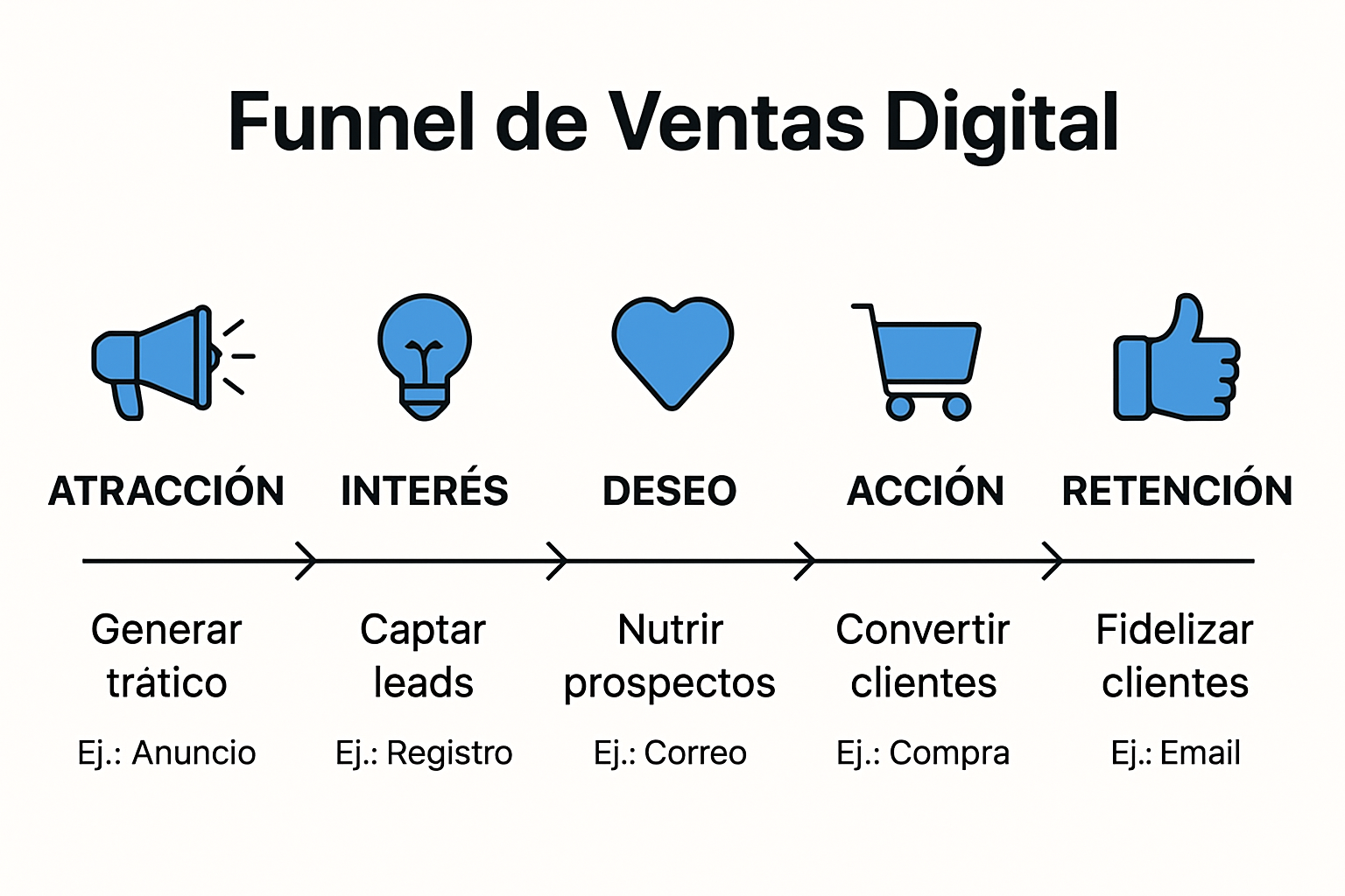 Infografía del proceso de funnel de ventas digital y sus etapas