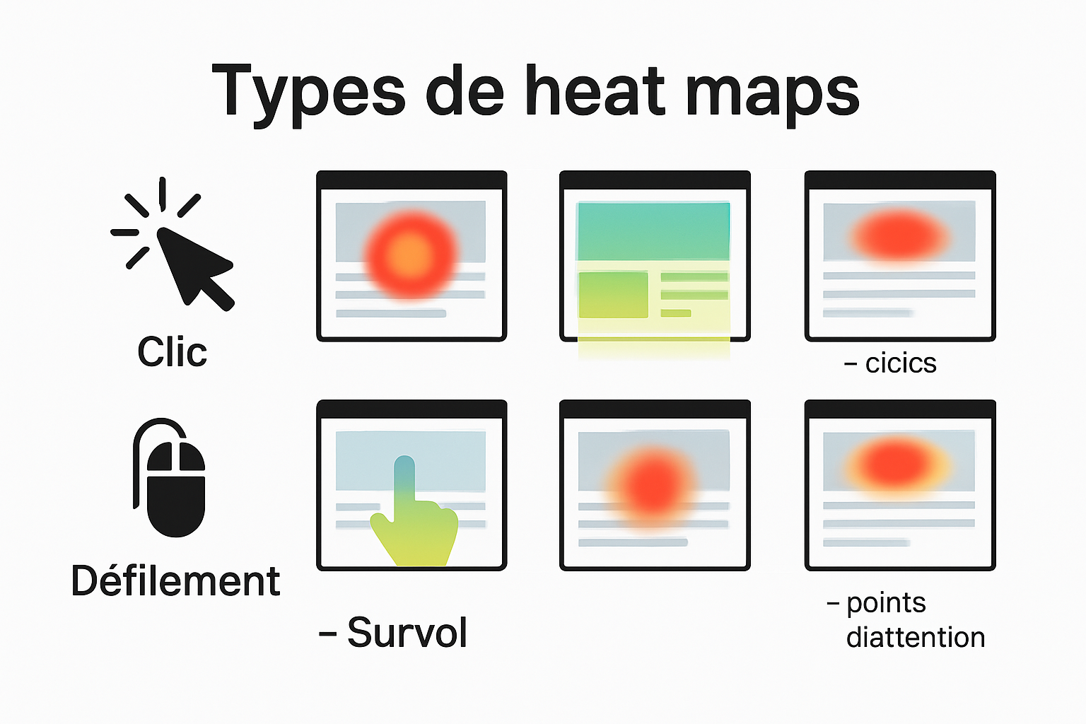 Infographic showing types of webpage heat maps and user behaviors.