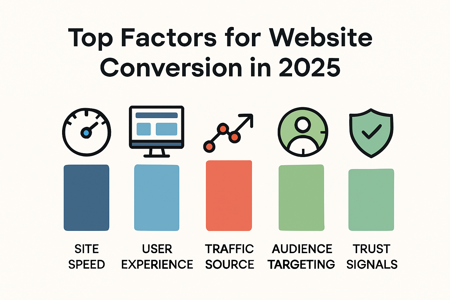 Infographic of 5 major factors influencing conversion rate benchmarks in 2025