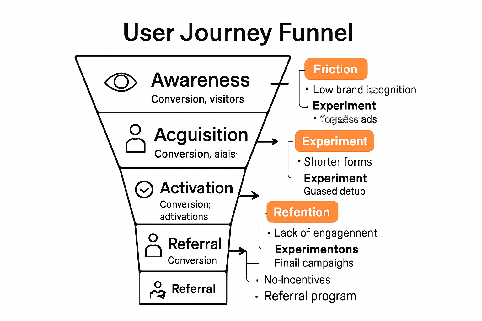 User journey funnel infographic showing stages and growth hacks