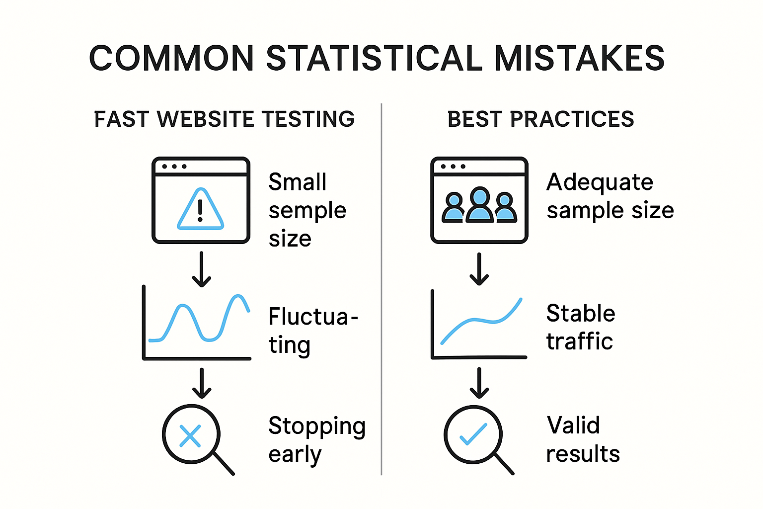 Infographic showing common website testing statistical errors and best practices
