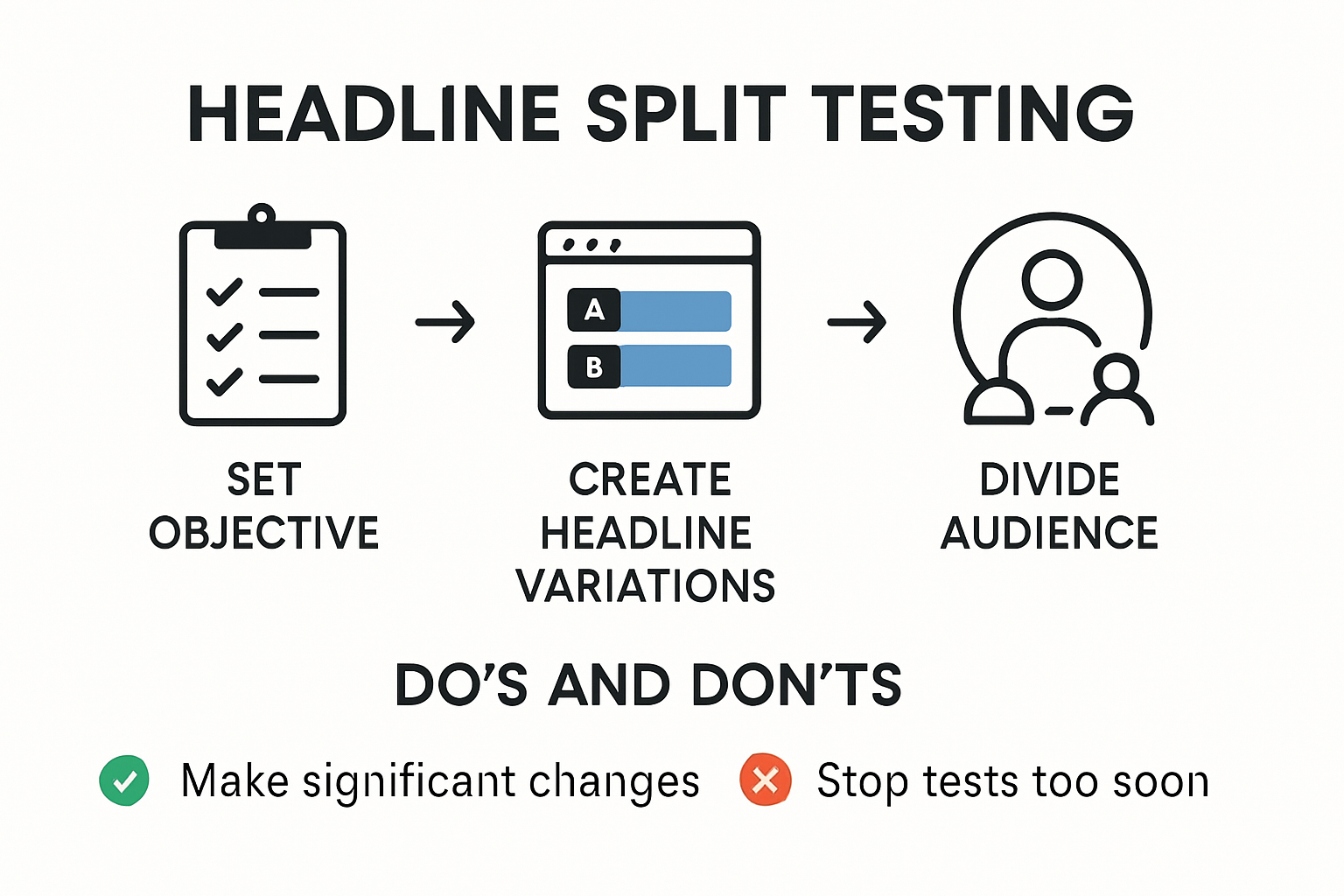Infographic showing headline split testing process and common pitfalls