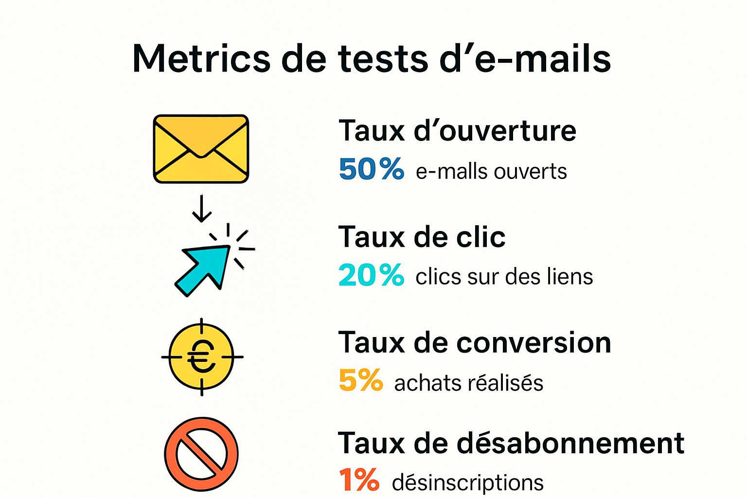 Infographic showing email testing KPIs and analysis steps