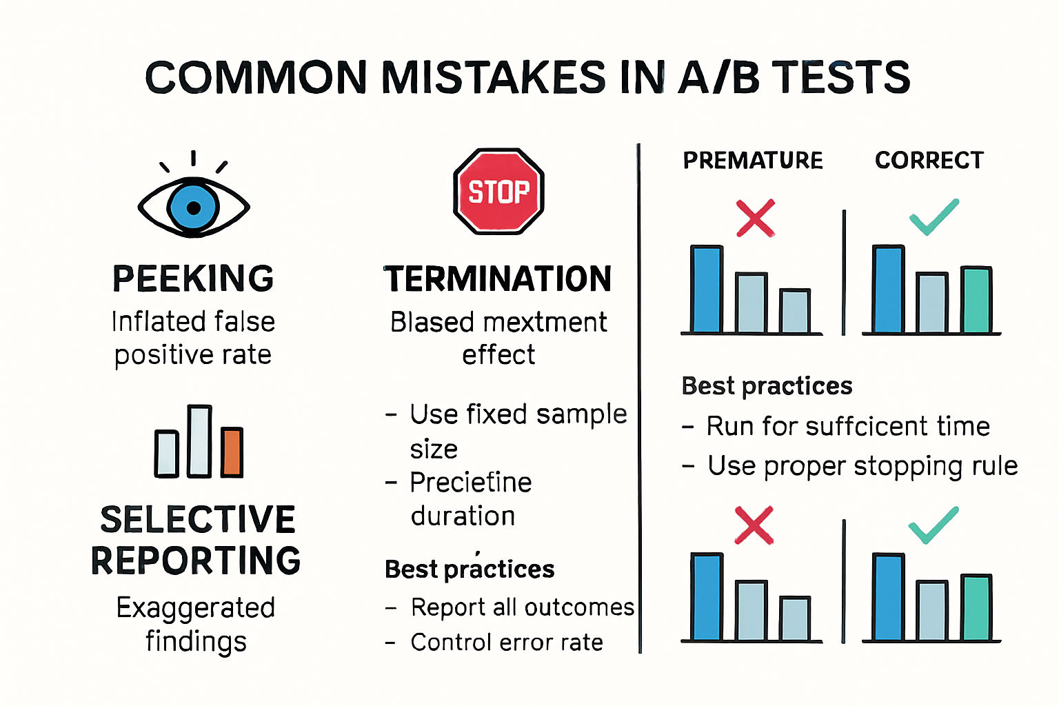 Infographic showing A/B testing mistakes and correct duration