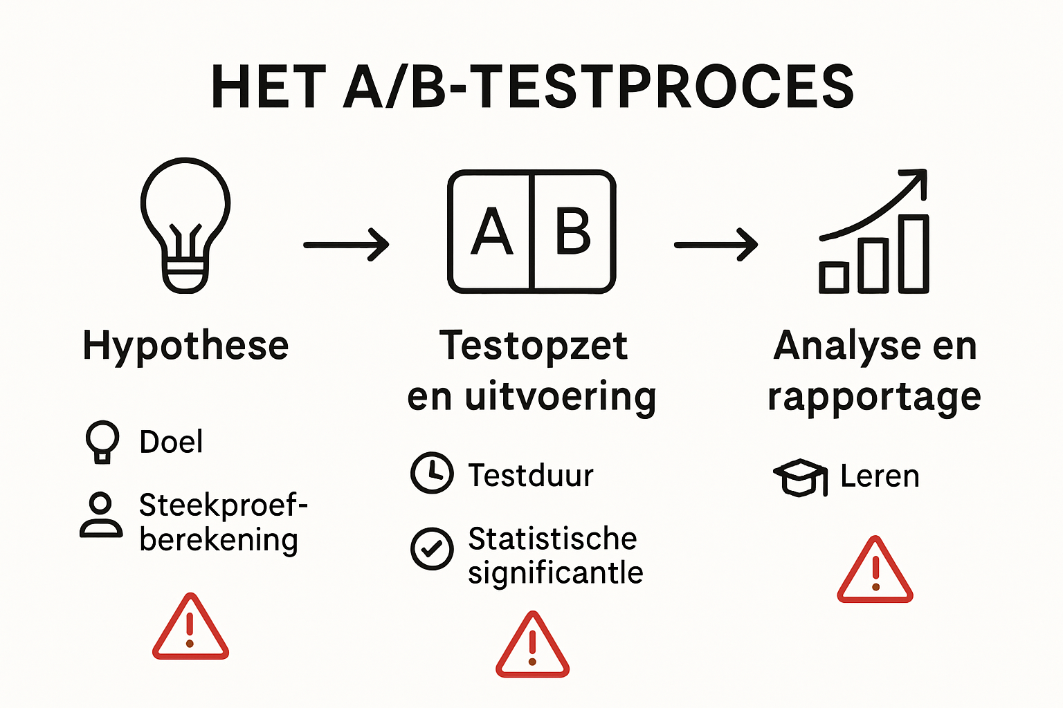 Infographic processtappen van A/B testen en veelgemaakte fouten.