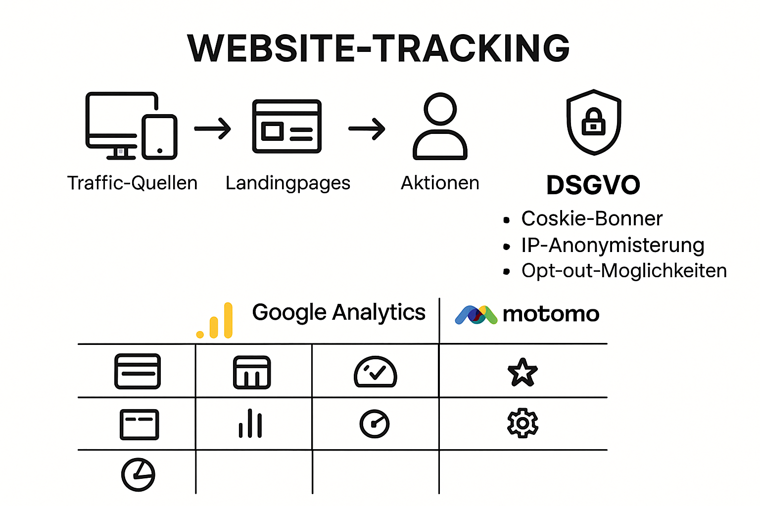 Infografik: Website-Tracking-Prozess und Toolvergleich