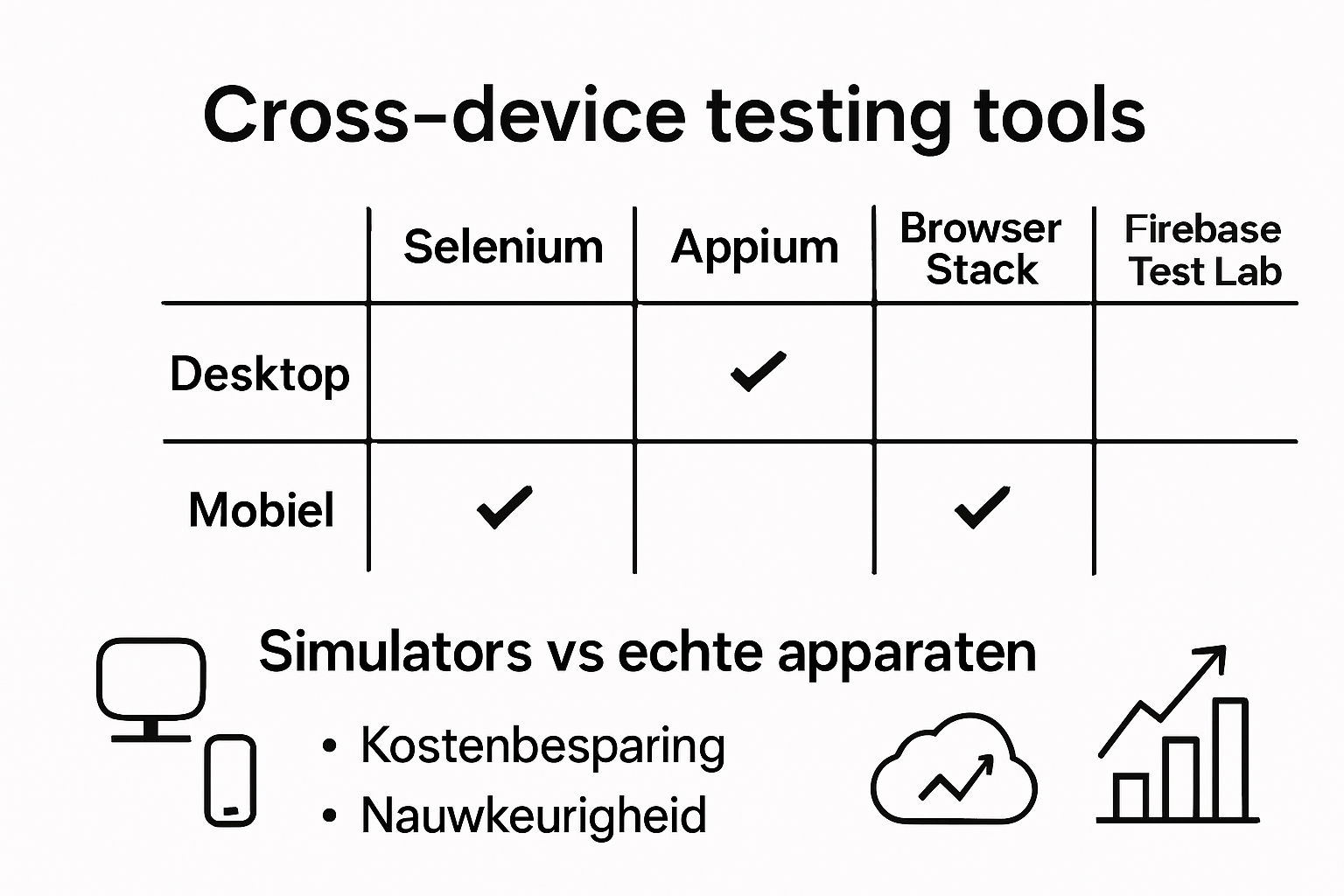 Infographic die tools voor cross-device testen vergelijkt tussen desktop en mobiel