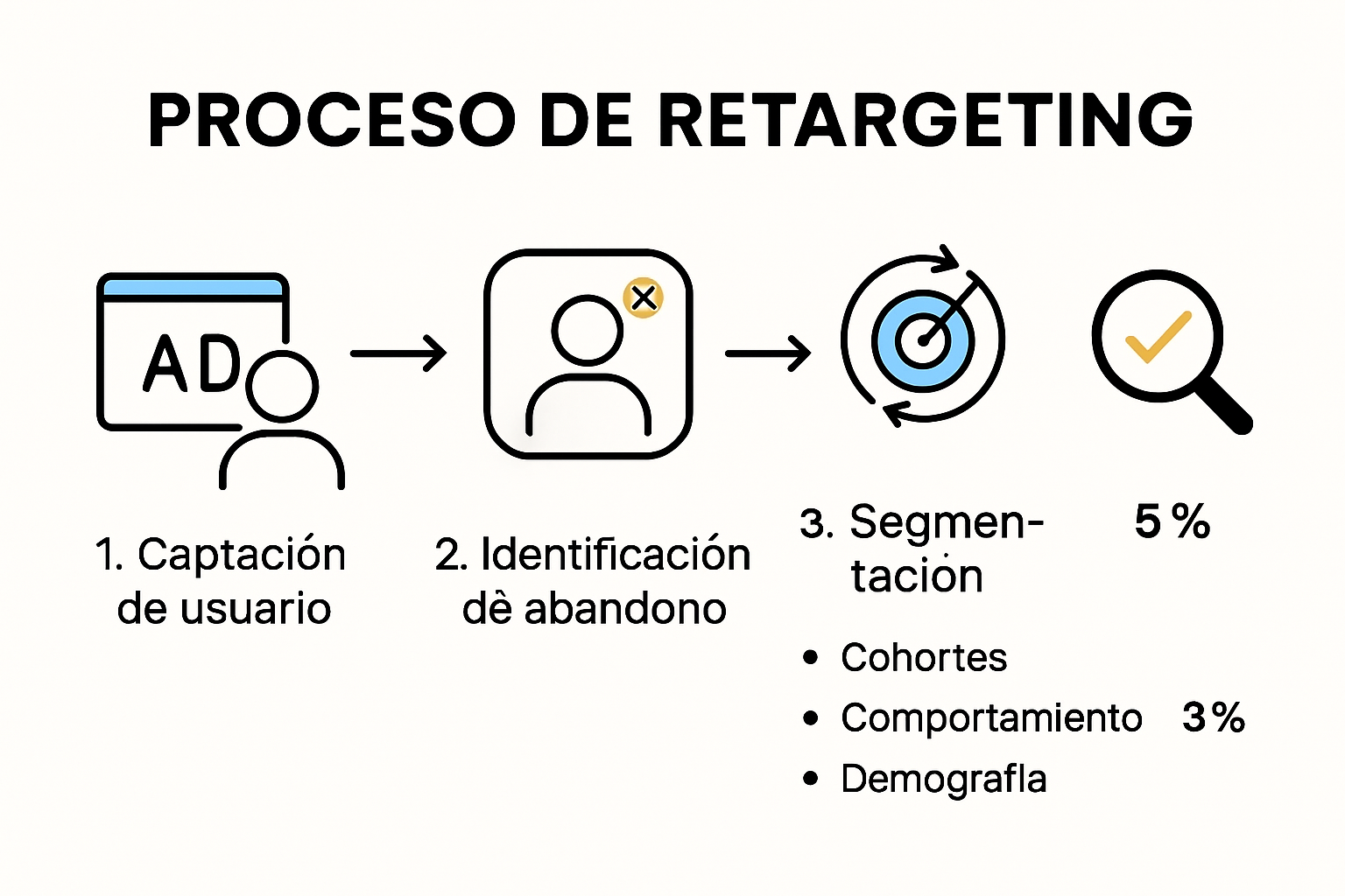 Infografía sobre pasos y métricas clave en una campaña de retargeting