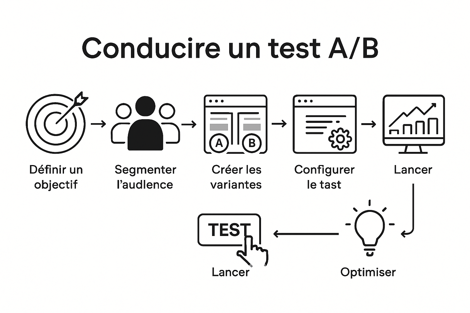 Infographic illustrating full AB test process steps