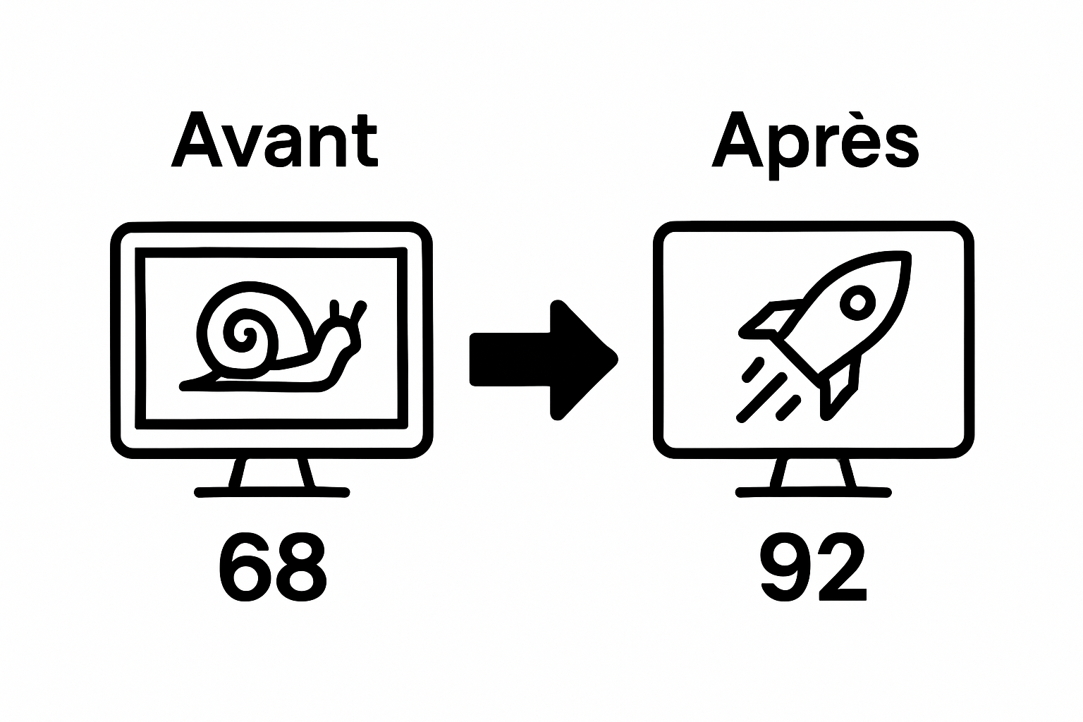 Infographic comparing slow and fast WordPress site speed scores after optimization