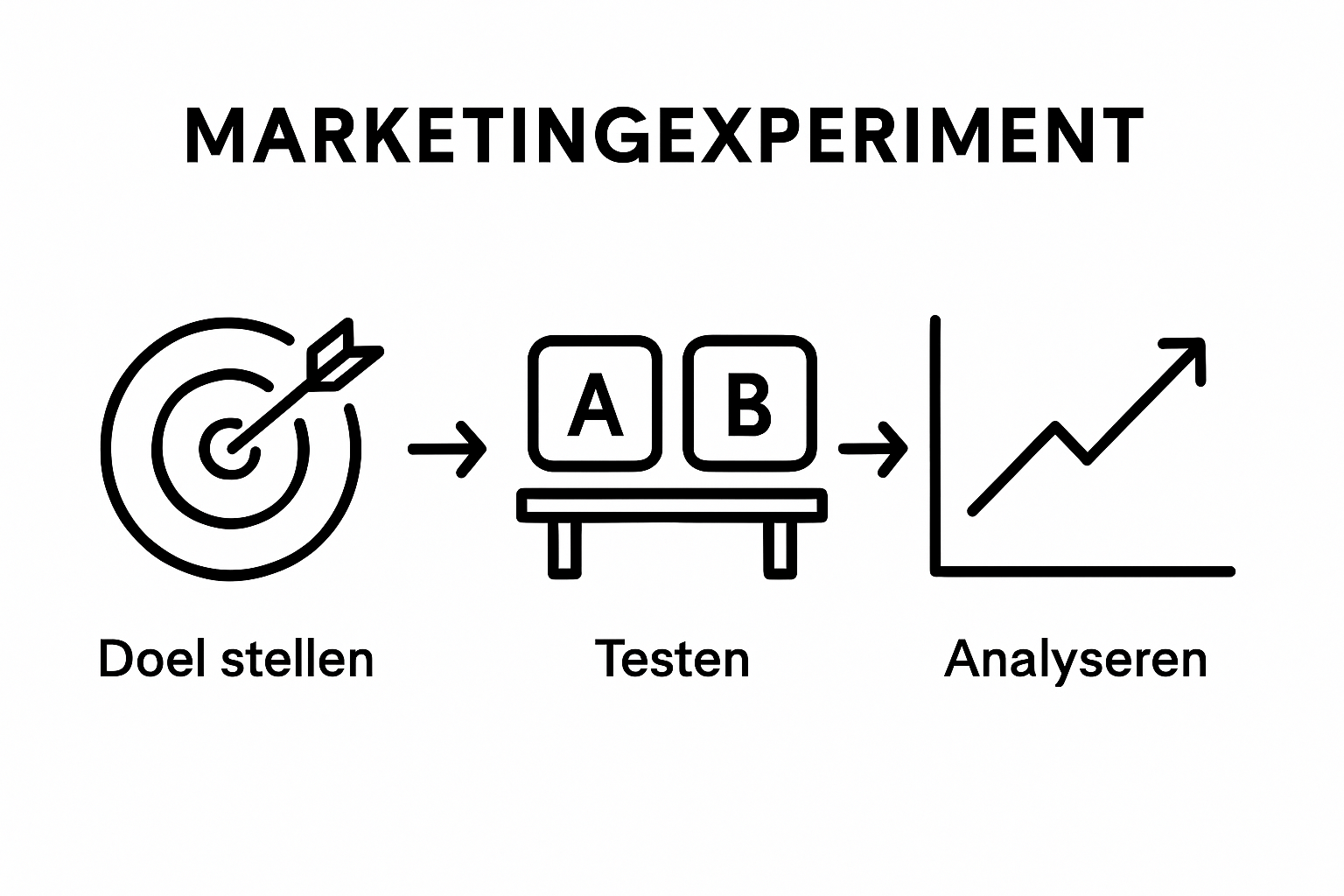Drie simpele pictogrammen tonen de stappen doel stellen, experiment uitvoeren en resultaat meten, verbonden door pijlen.