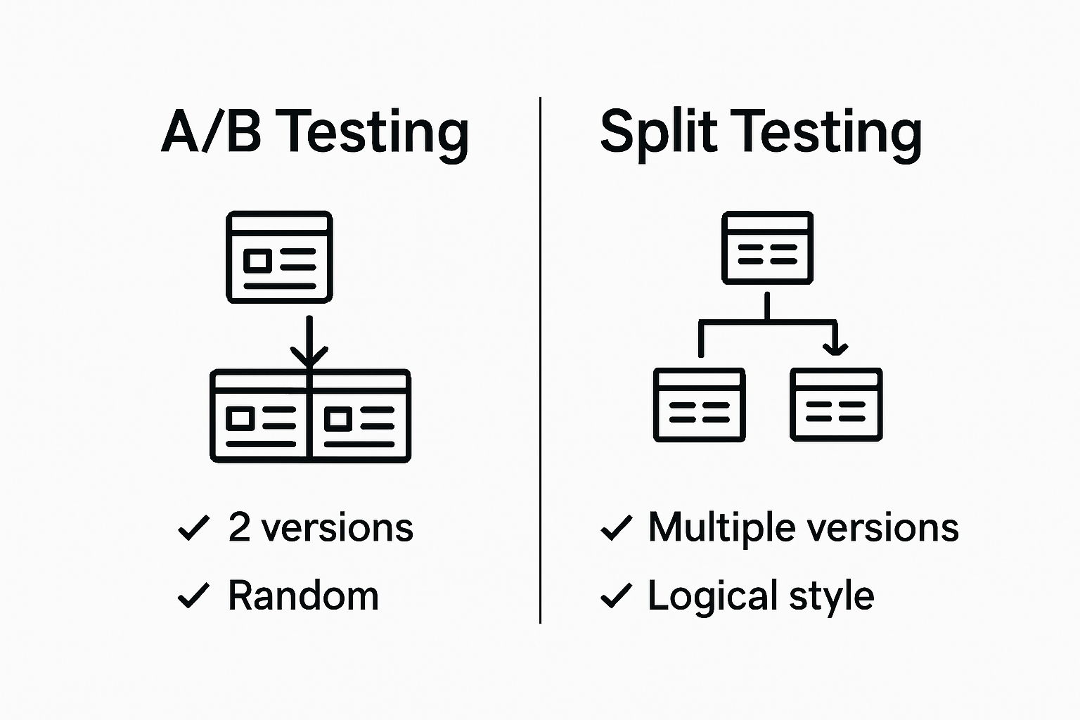Infographic showing A/B testing vs split testing comparison with icons