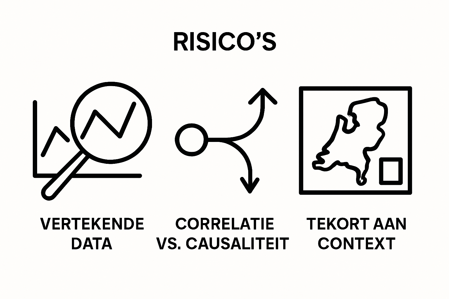 Infographic met drie analytics-risico-icoontjes: vertekende data, correlatie versus causaliteit, onvolledige context.