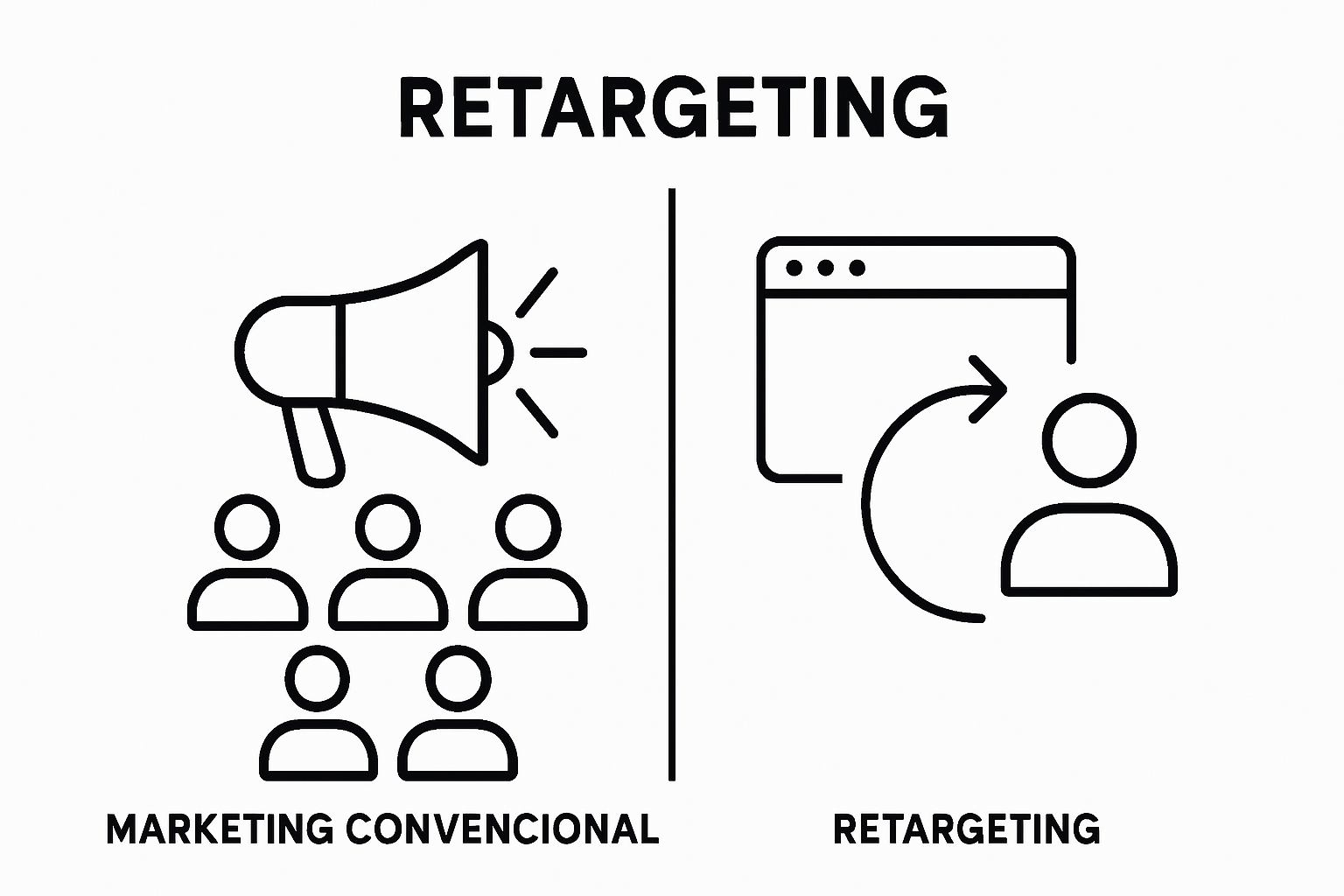 Infografía de retargeting vs marketing tradicional con iconos comparativos