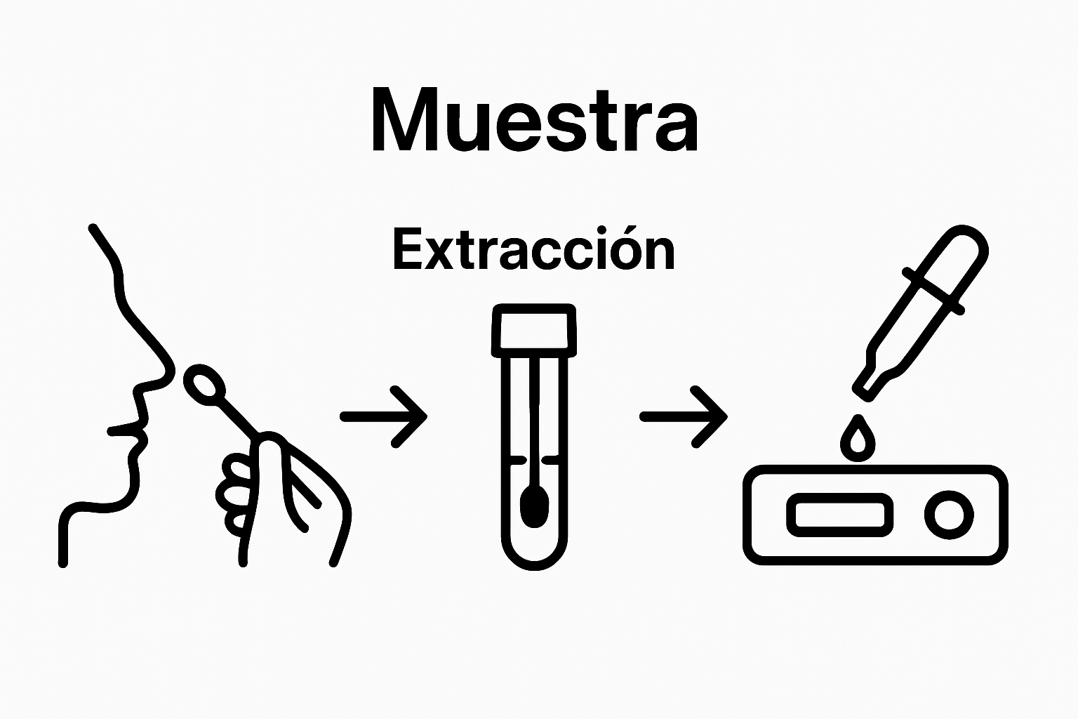 Secuencia visual de toma, mezcla y aplicación de muestra en test COVID-19