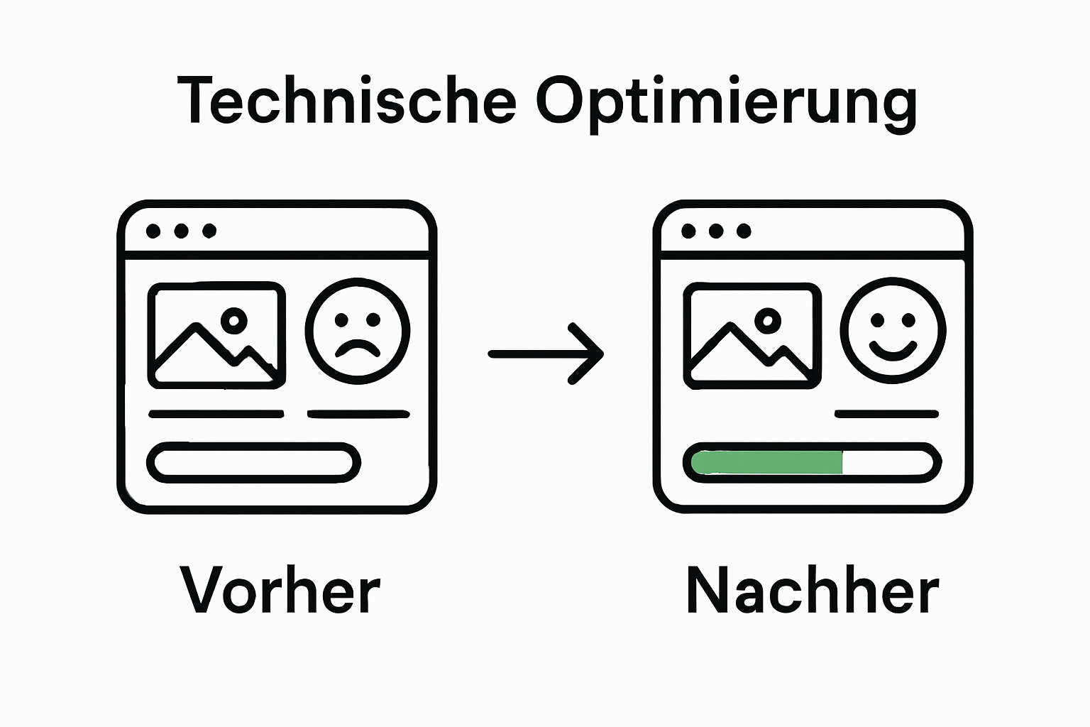 Vorher-nachher Visualisierung einer Website-Optimierung, dargestellt durch Ladezeitenbalken und Gesichtssymbole.
