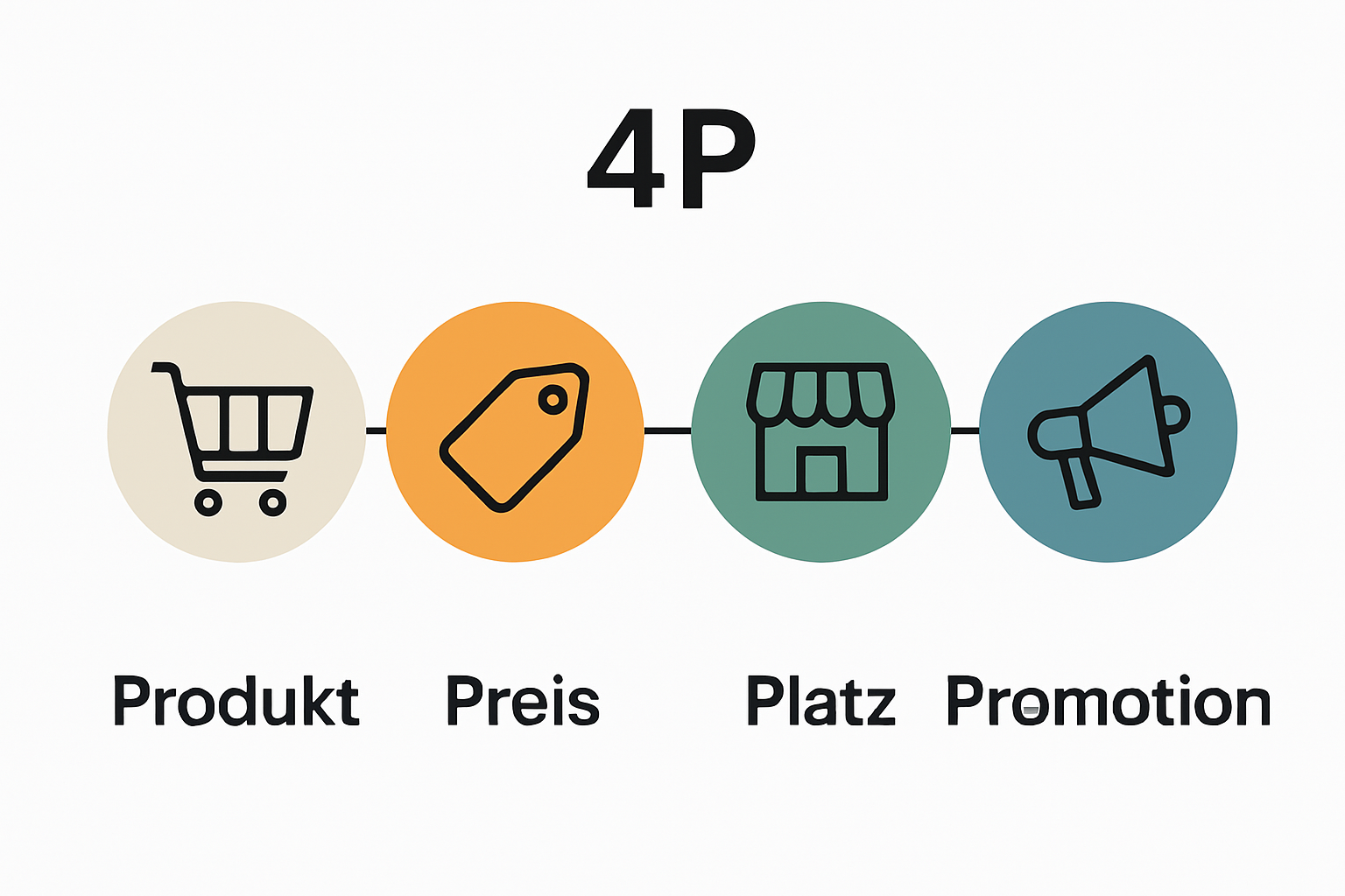 Infografik zu den vier Ps des Marketings: Produkt, Preis, Platz, Promotion