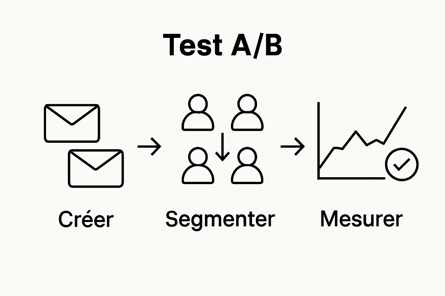 Infographic showing A/B testing email campaign workflow in three steps
